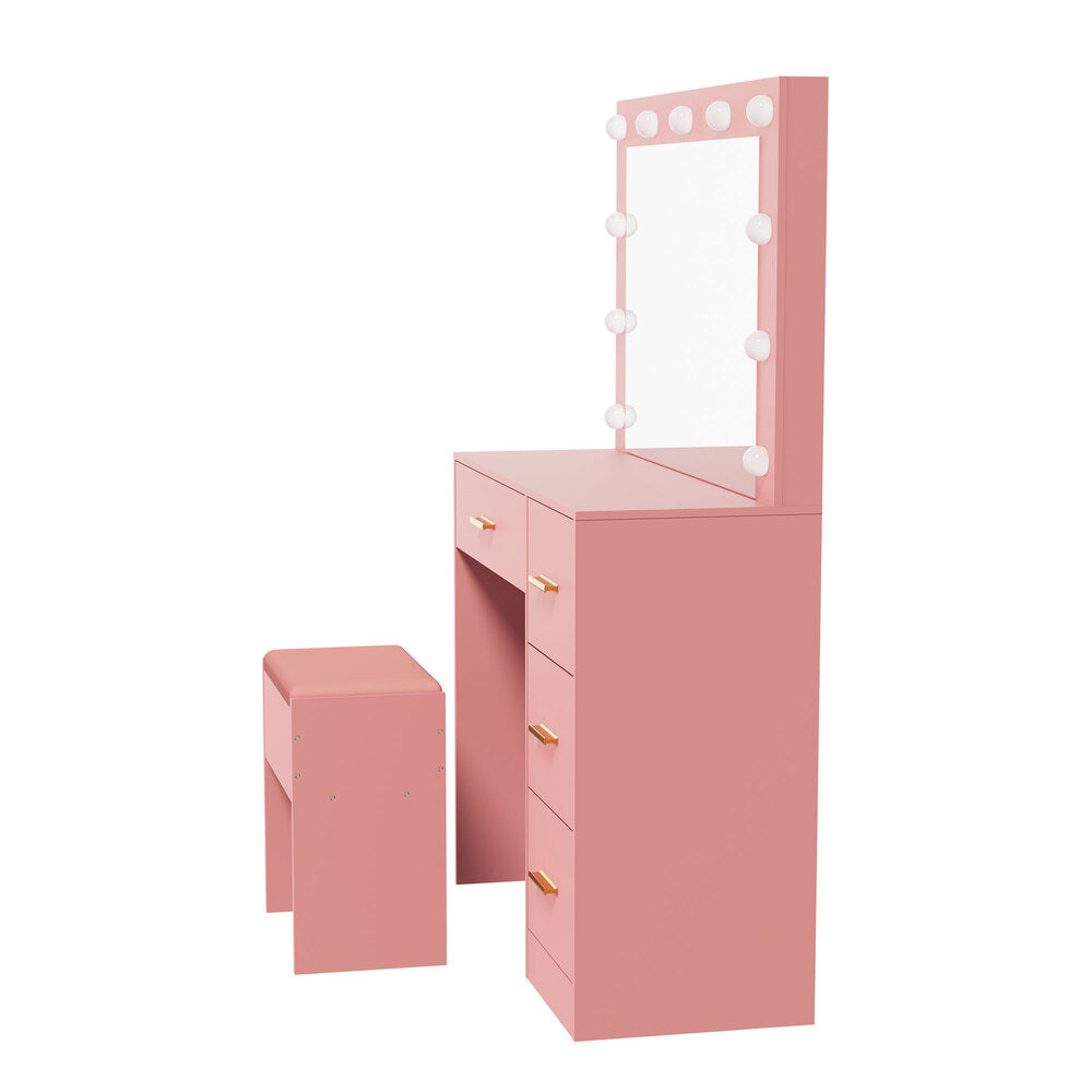 Oikiture Dressing Table Set Stool Storage LED Lights 4 Drawers Pink