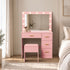 Oikiture Dressing Table Set 11 LED Bulb Mirror 4 Drawers Storage Stool Pink