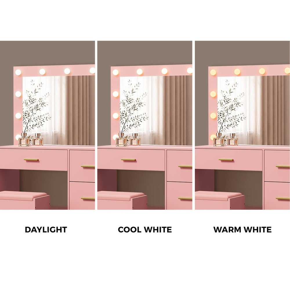 Oikiture Dressing Table Set Stool Storage LED Lights 4 Drawers Pink