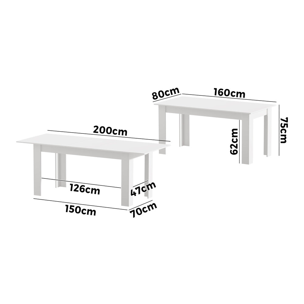 Extendable Dining Table 160–200cm – White Café Style Modern Design