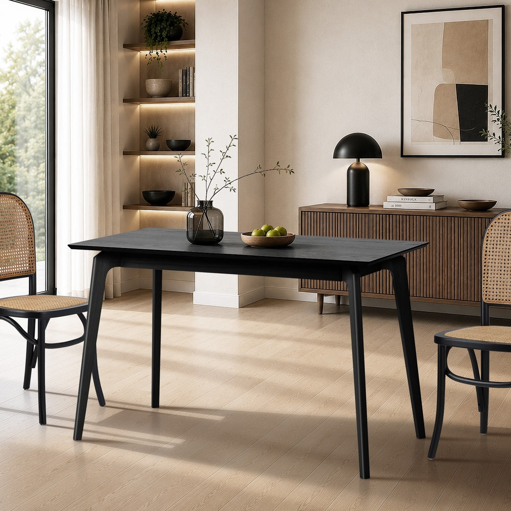 Oikiture 120cm Rectangular Dining Table – Black Woodgrain MDF with Solid Wood Legs