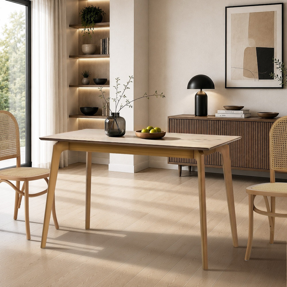 Oikiture 120cm Rectangular Dining Table – Natural Woodgrain MDF with Solid Wood Legs