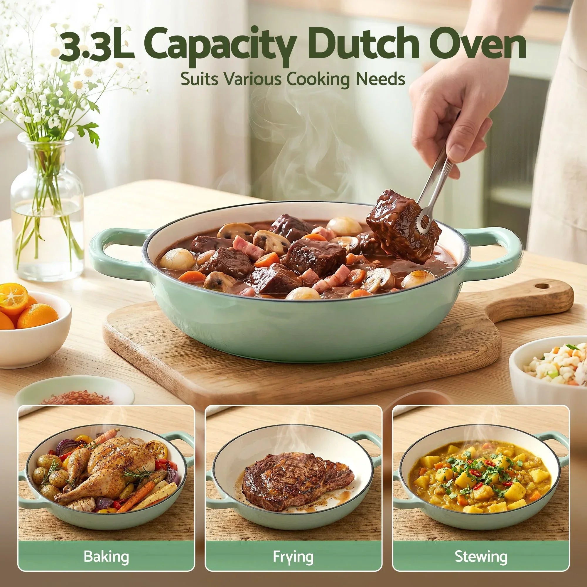 Enameled Cast Iron Dutch Oven – 3.3L, Green, Bread Baking, Oven‑Safe