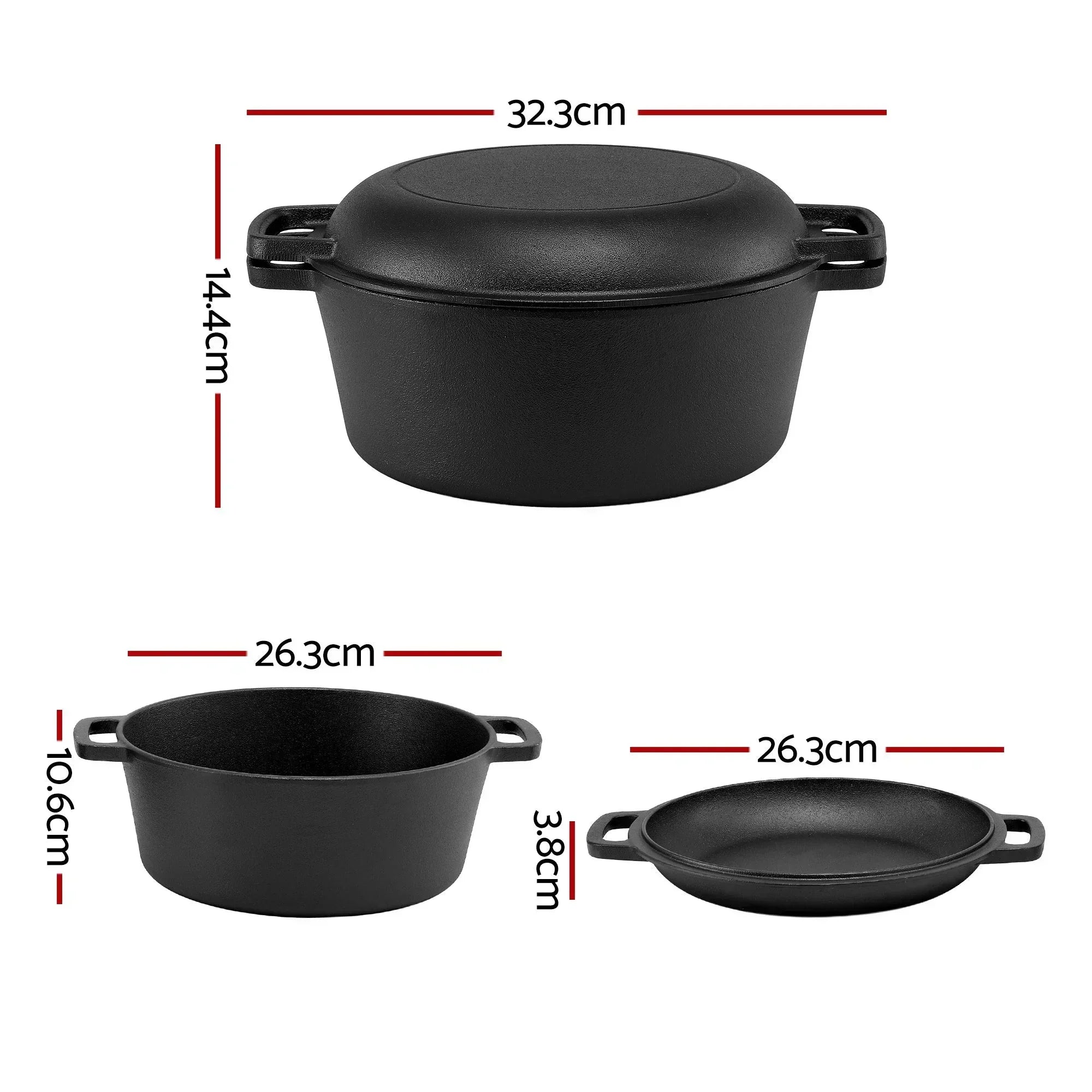 2‑in‑1 Cast Iron Dutch Oven – 5L Pot & Skillet Lid, Pre‑Seasoned, Black