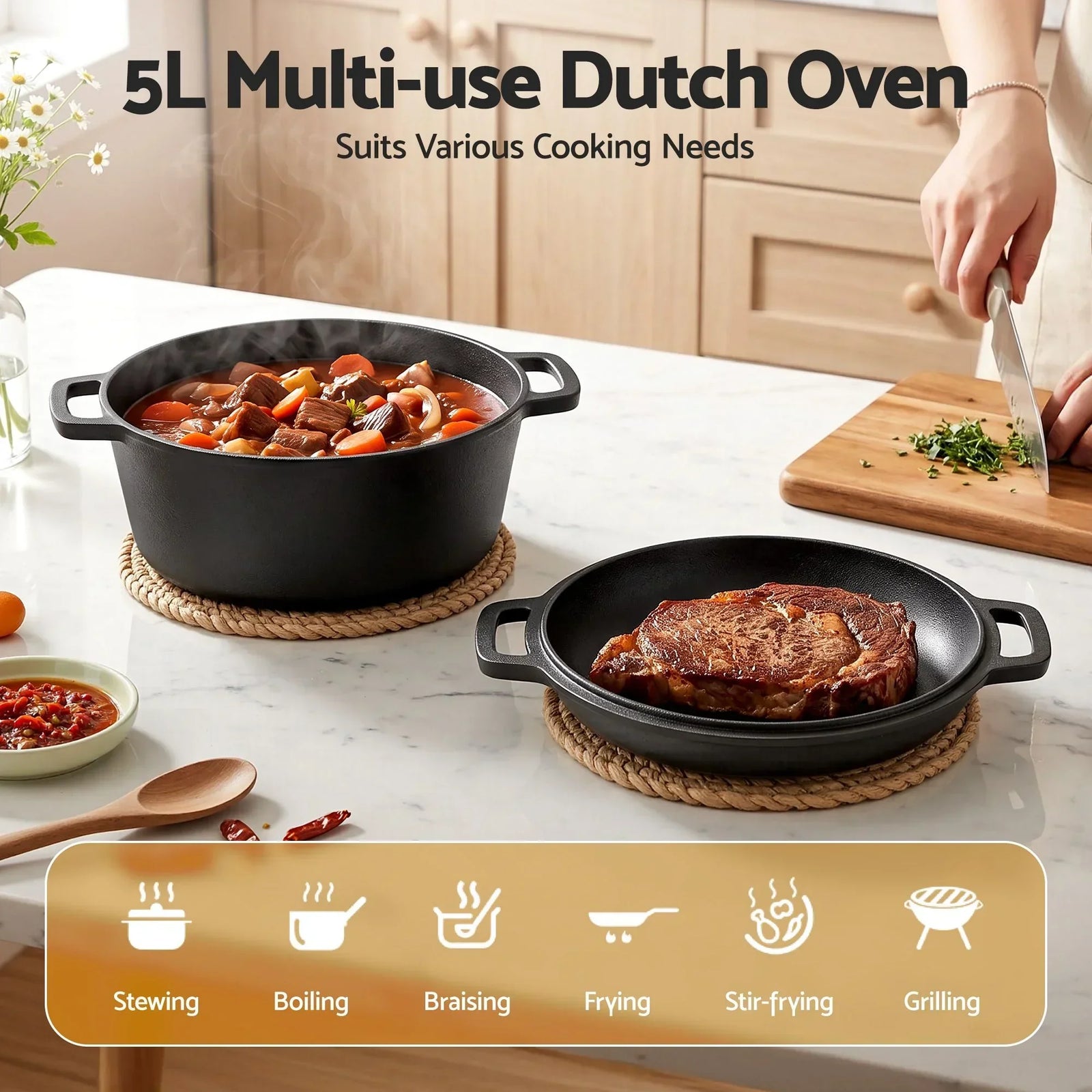 2‑in‑1 Cast Iron Dutch Oven – 5L Pot & Skillet Lid, Pre‑Seasoned, Black
