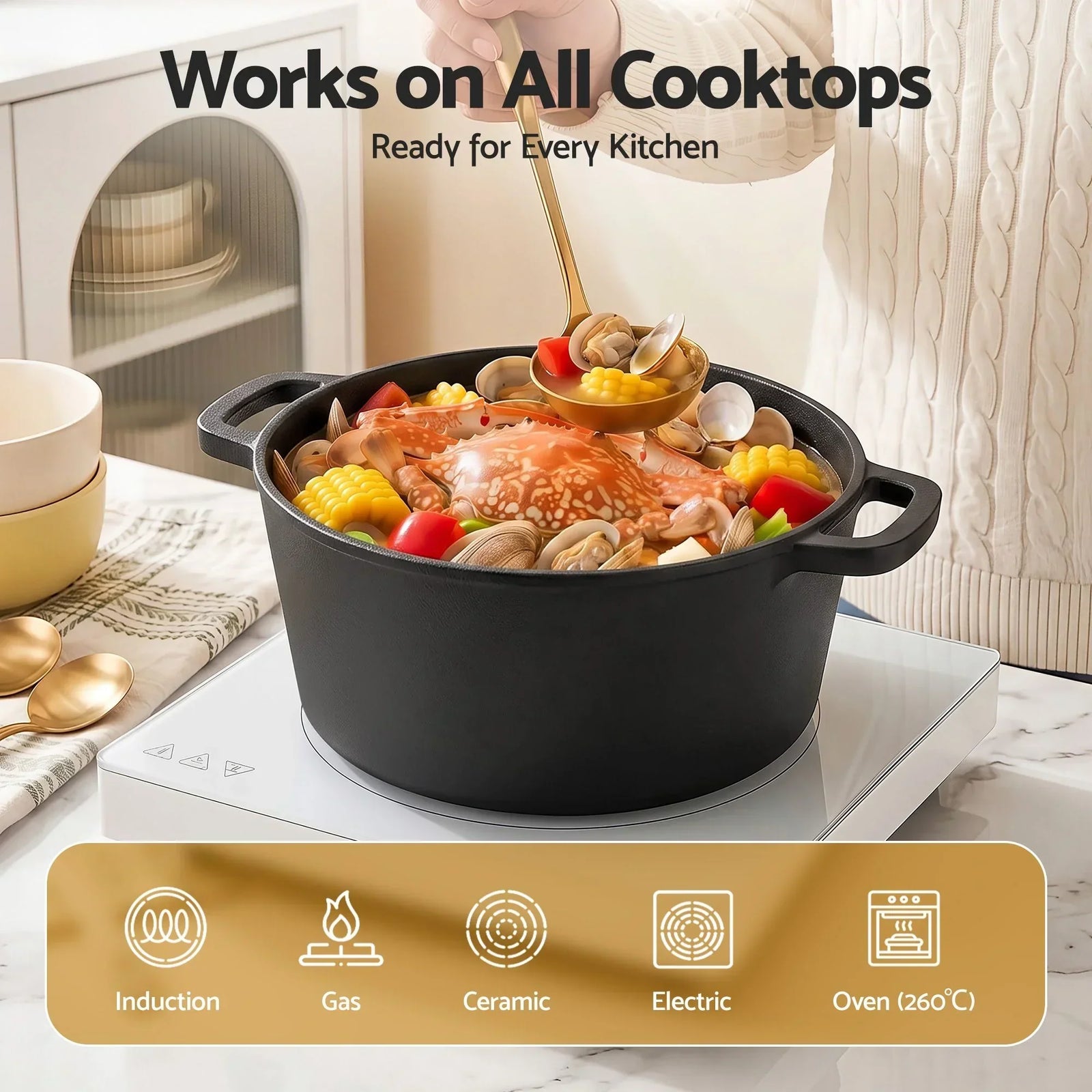 2‑in‑1 Cast Iron Dutch Oven – 5L Pot & Skillet Lid, Pre‑Seasoned, Black
