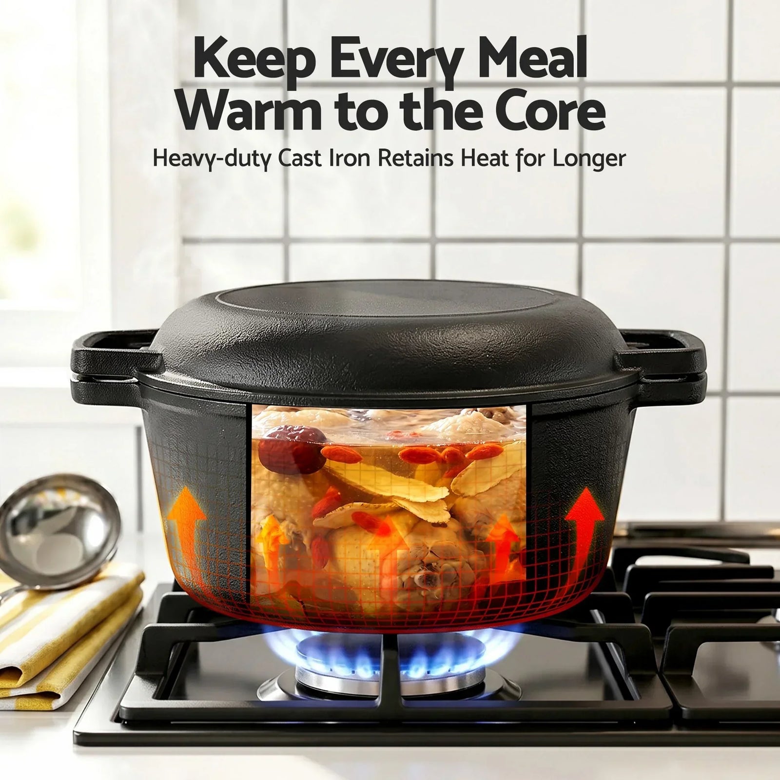 2‑in‑1 Cast Iron Dutch Oven – 5L Pot & Skillet Lid, Pre‑Seasoned, Black