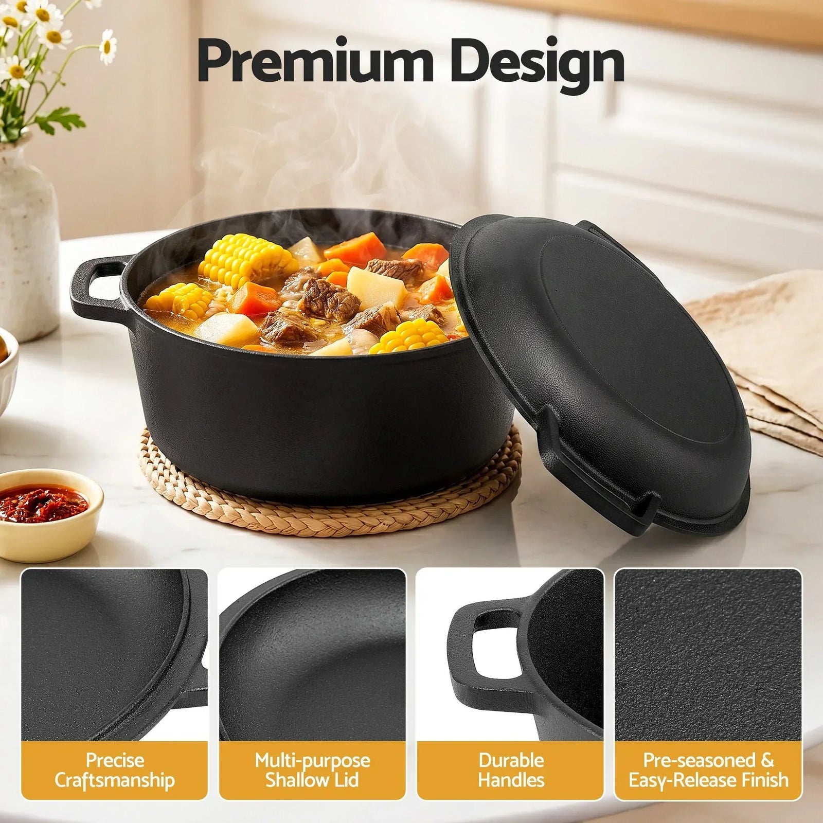 2‑in‑1 Cast Iron Dutch Oven – 5L Pot & Skillet Lid, Pre‑Seasoned, Black