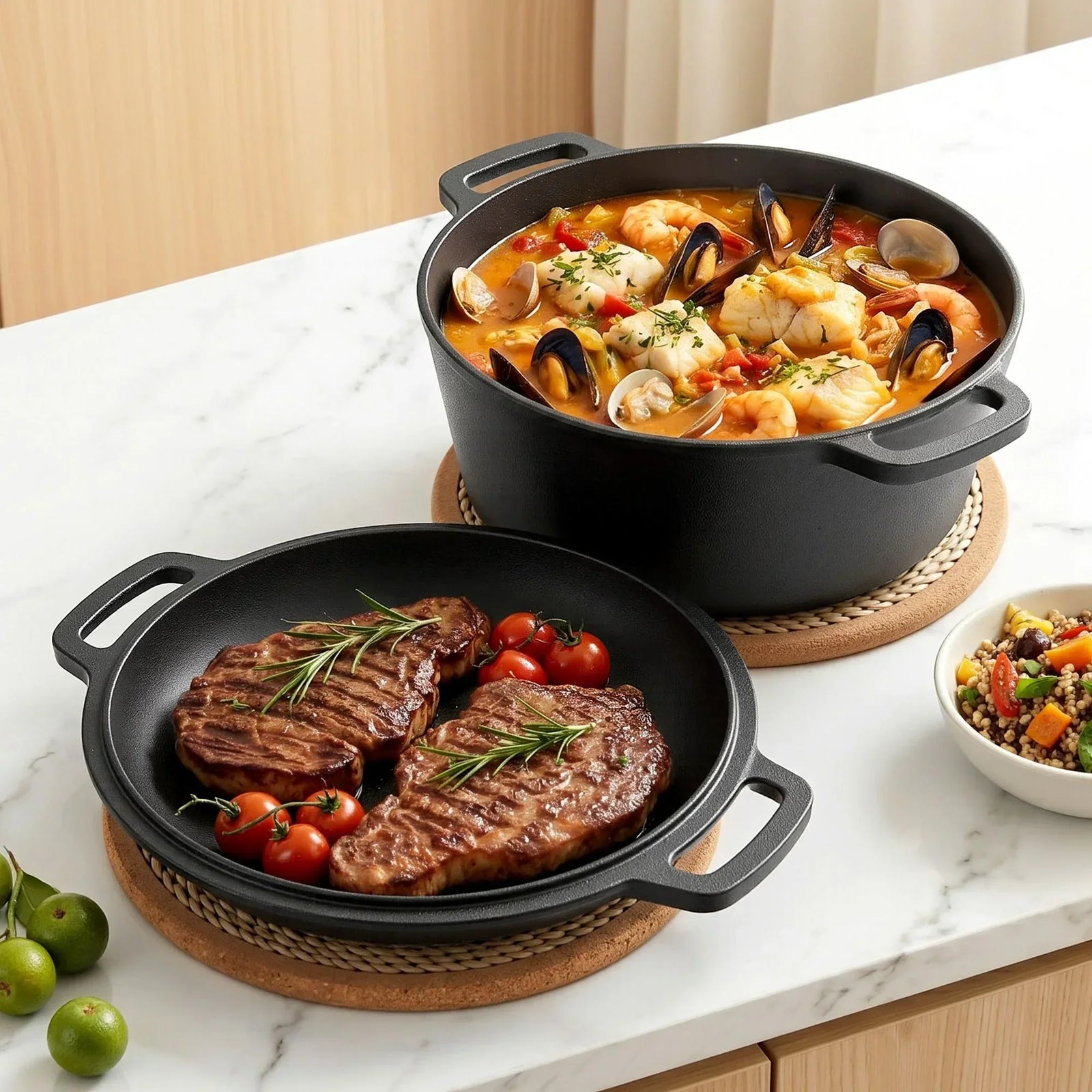2‑in‑1 Cast Iron Dutch Oven – 5L Pot & Skillet Lid, Pre‑Seasoned, Black