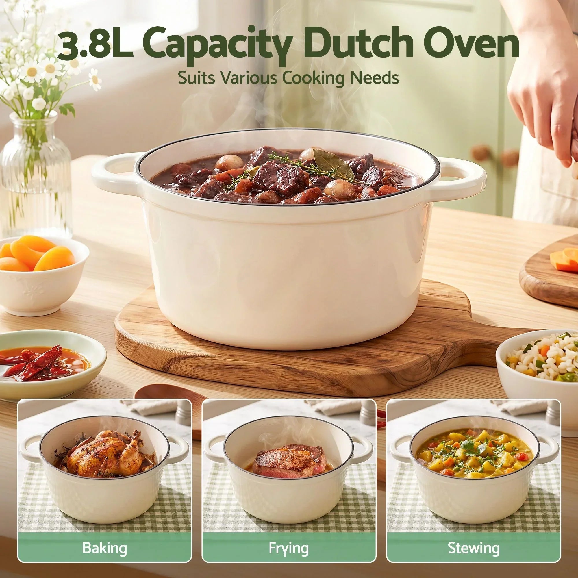 Enameled Cast Iron Dutch Oven – 3.8L, White, Bread Baking, Oven‑Safe