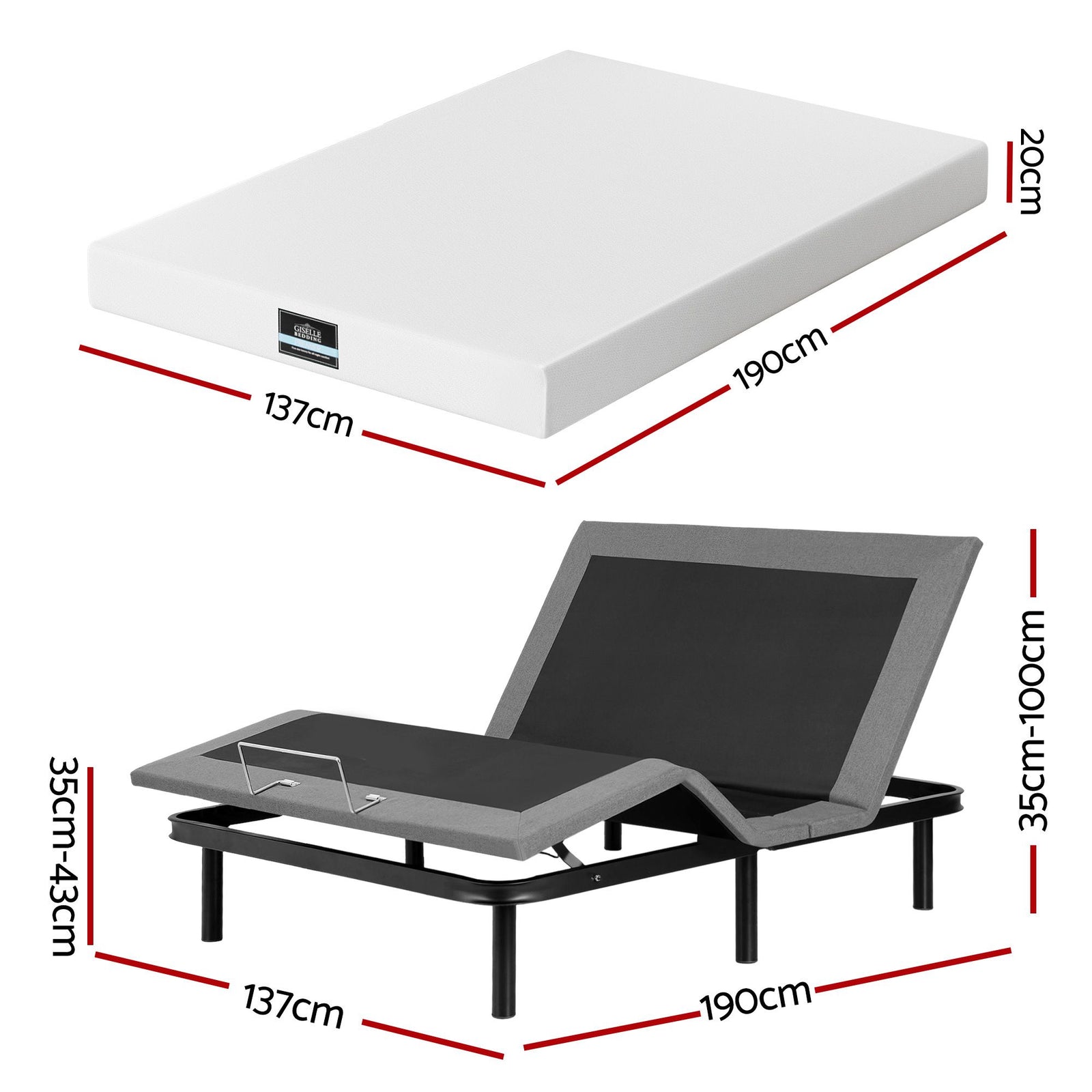Adjustable Bed & Mattress Double – 20cm PURE Foam, Head/Foot Lift, Remote