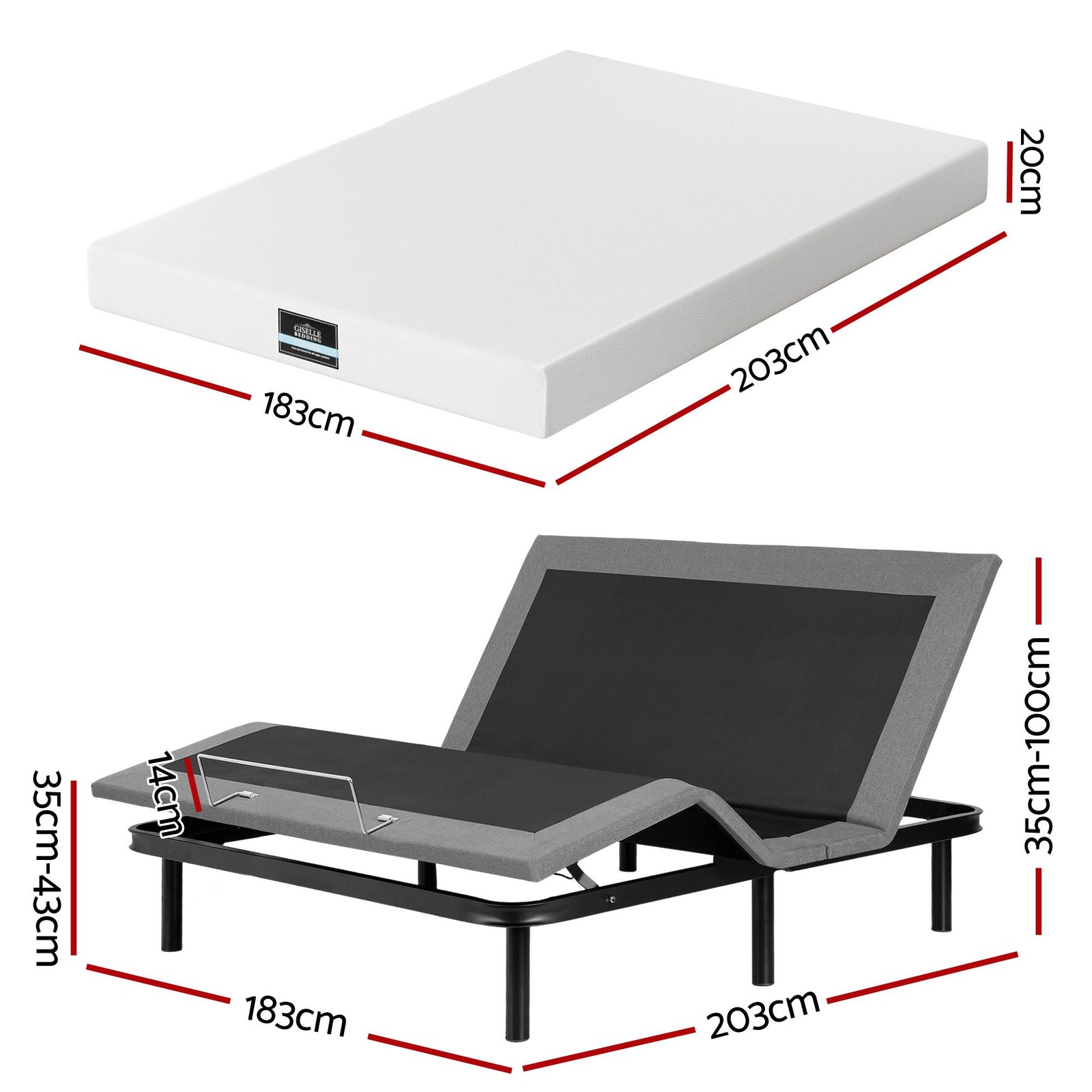 Adjustable Bed & Mattress King – 20cm PURE Foam, Head/Foot Lift, Remote