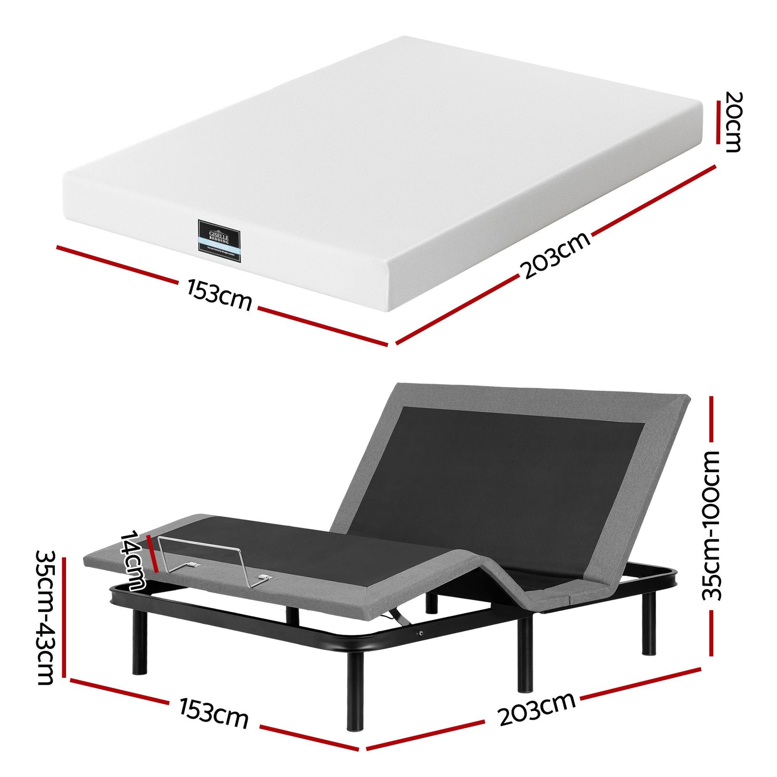 Adjustable Bed & Mattress Queen – 20cm PURE Foam, Head/Foot Lift, Remote