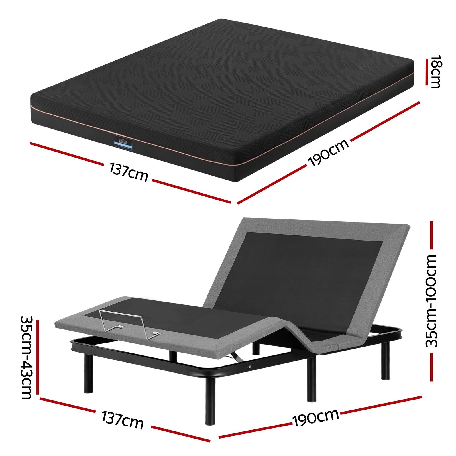 Adjustable Bed Frame Double + 18cm Mattress – Head/Foot Lift, Zero‑G, Black