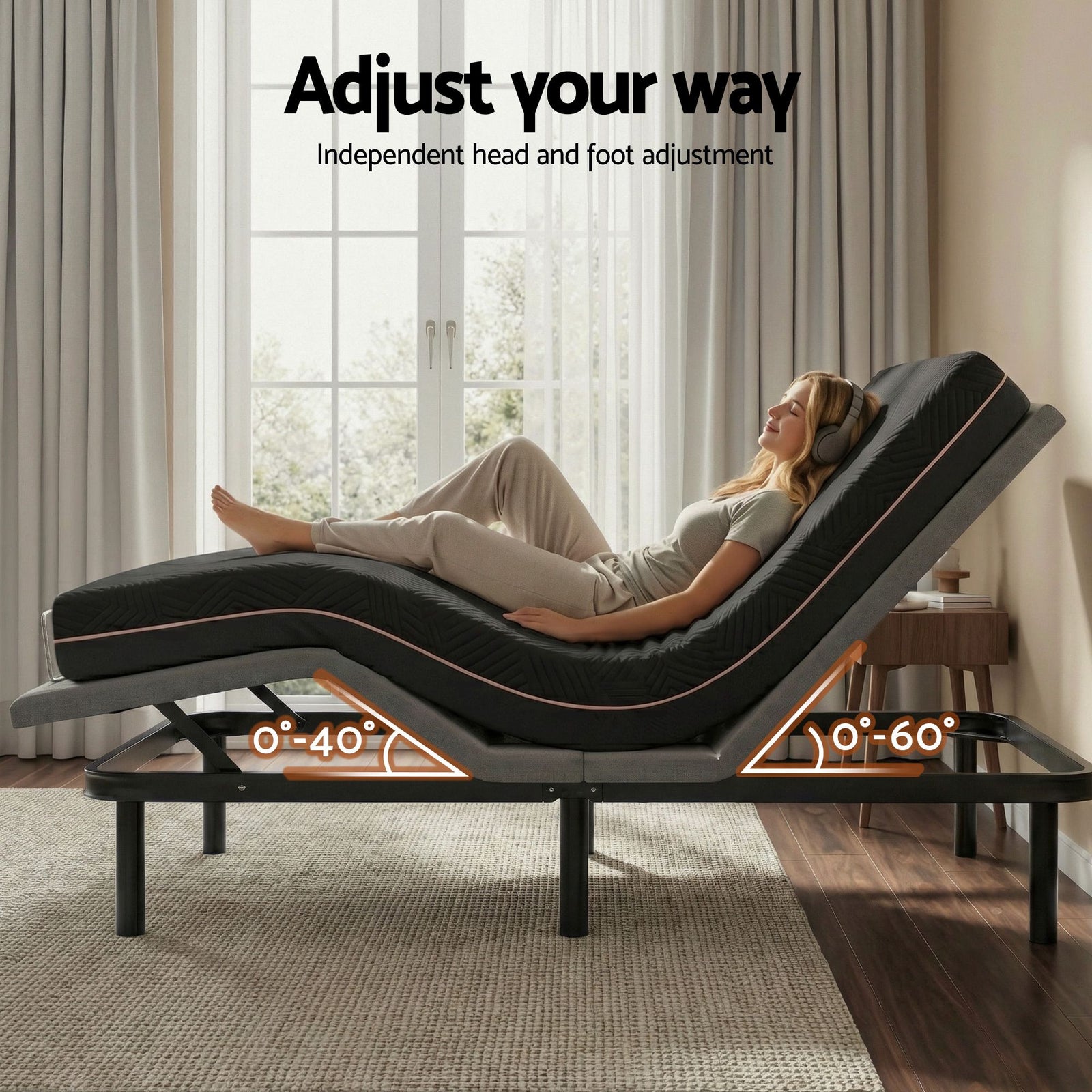 Adjustable Bed Frame Double + 18cm Mattress – Head/Foot Lift, Zero‑G, Black