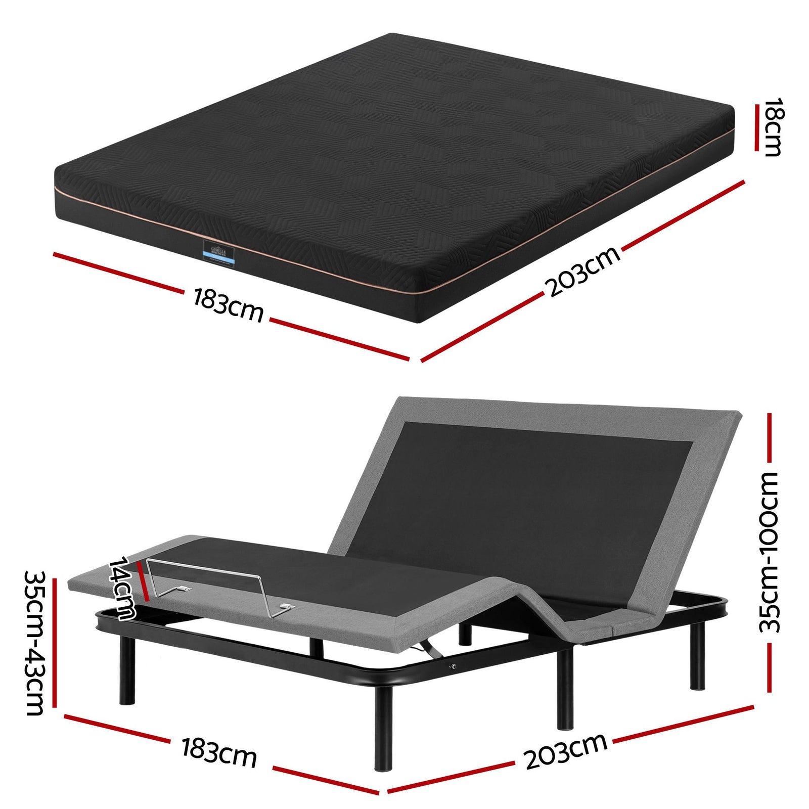 Adjustable Bed Frame King + 18cm Mattress – Head/Foot Lift, Zero‑G, Black