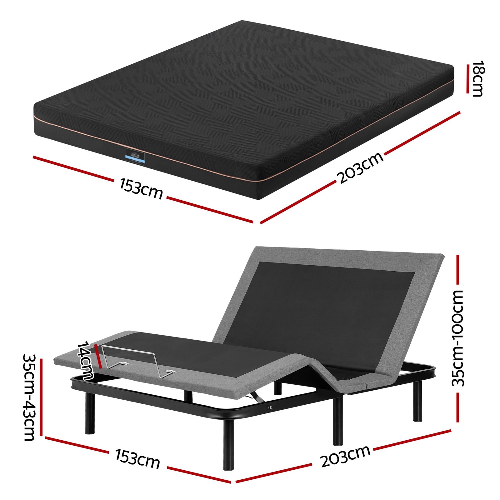 Adjustable Bed Frame Queen + 18cm Mattress – Head/Foot Lift, Zero‑G, Black