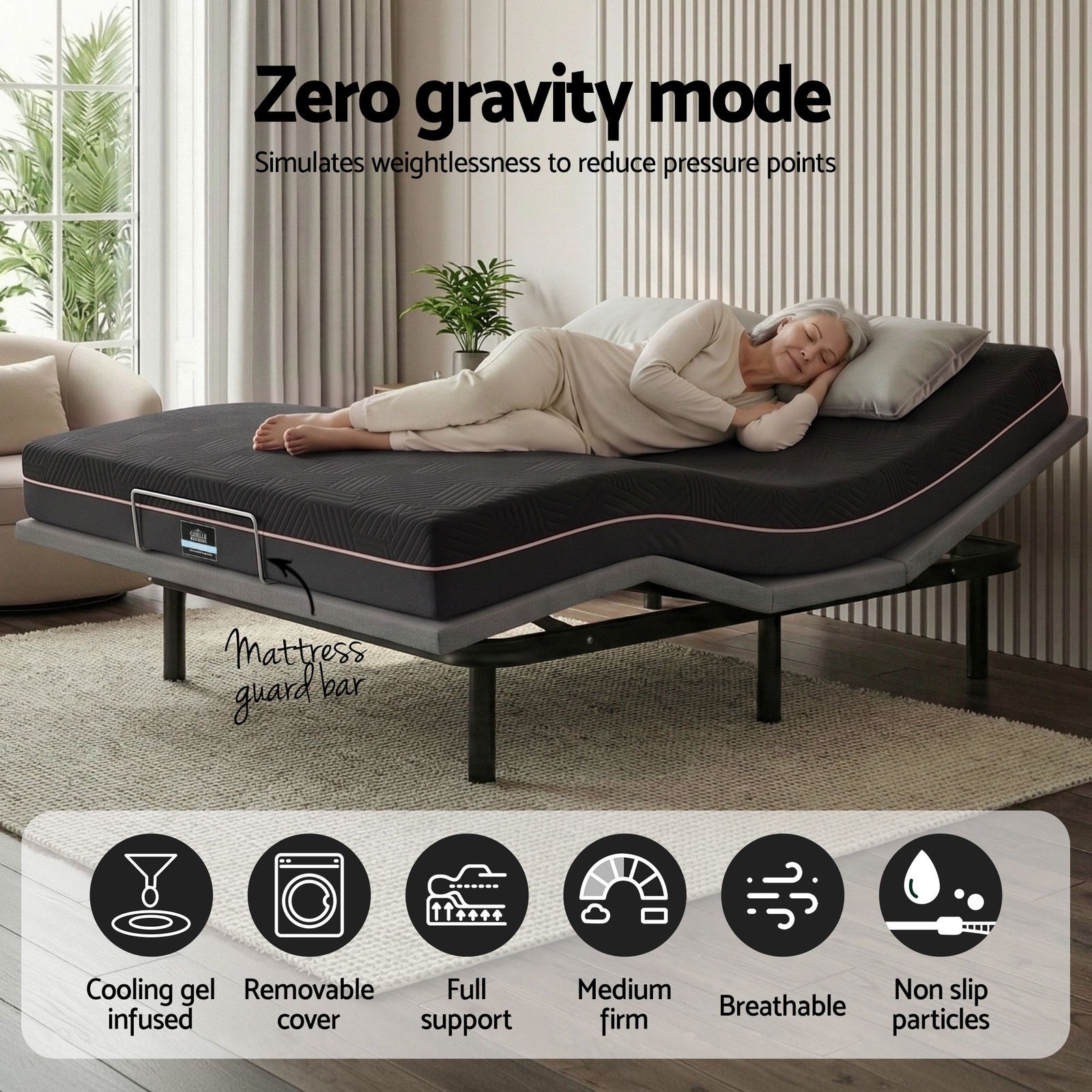 Adjustable Bed Frame Queen + 18cm Mattress – Head/Foot Lift, Zero‑G, Black