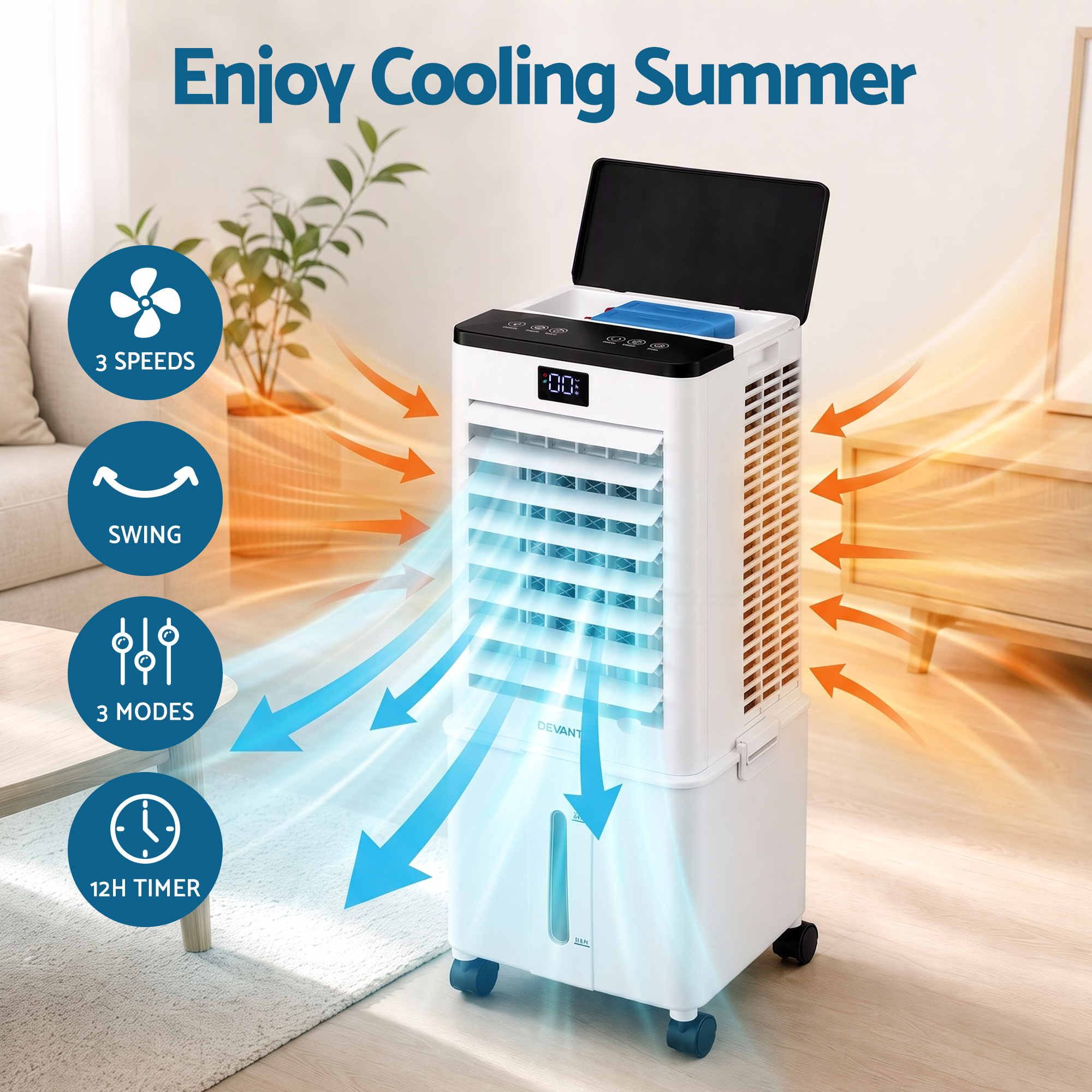 Devanti 8L Evaporative Air Cooler 3-in-1 Fan Remote 4 Ice Packs 3 Speed