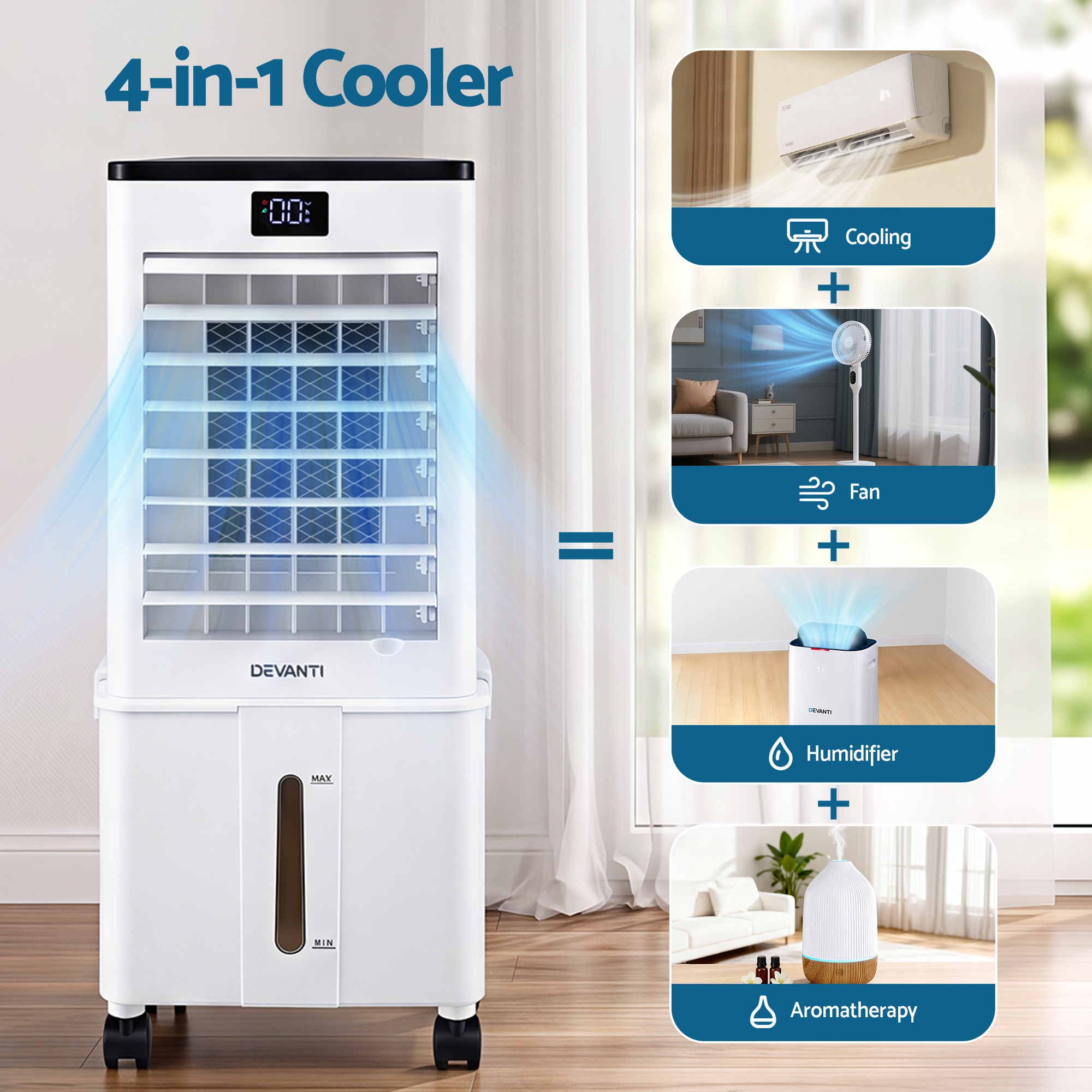 Devanti 8L Evaporative Air Cooler 3-in-1 Fan Remote 4 Ice Packs 3 Speed