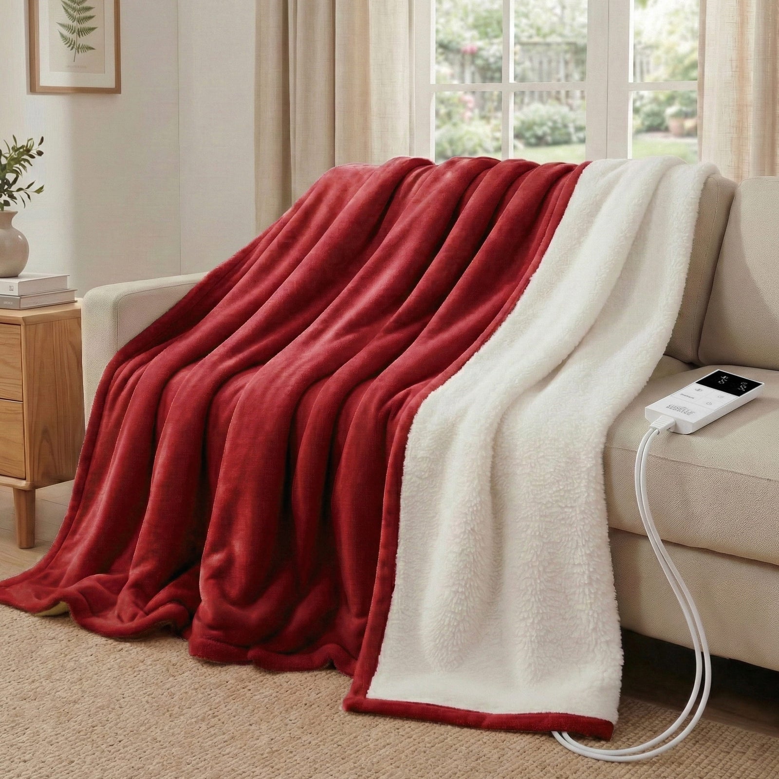 Electric Throw Rug Double Size 200x180cm Fleece Flannel Heated Blanket Burgundy