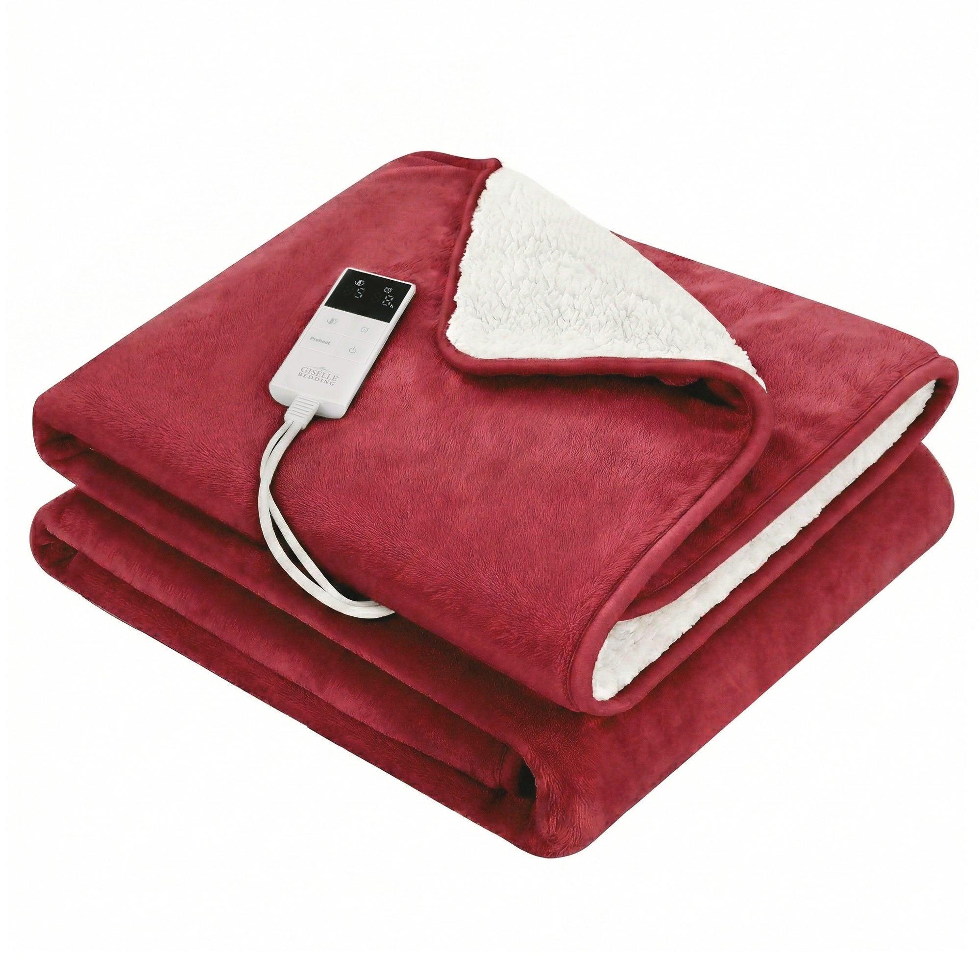 Electric Throw Rug Double Size 200x180cm Fleece Flannel Heated Blanket Burgundy