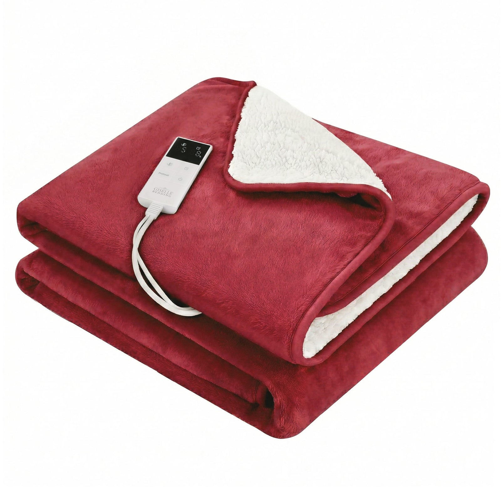 Electric Throw Rug Double Size 200x180cm Fleece Flannel Heated Blanket Burgundy