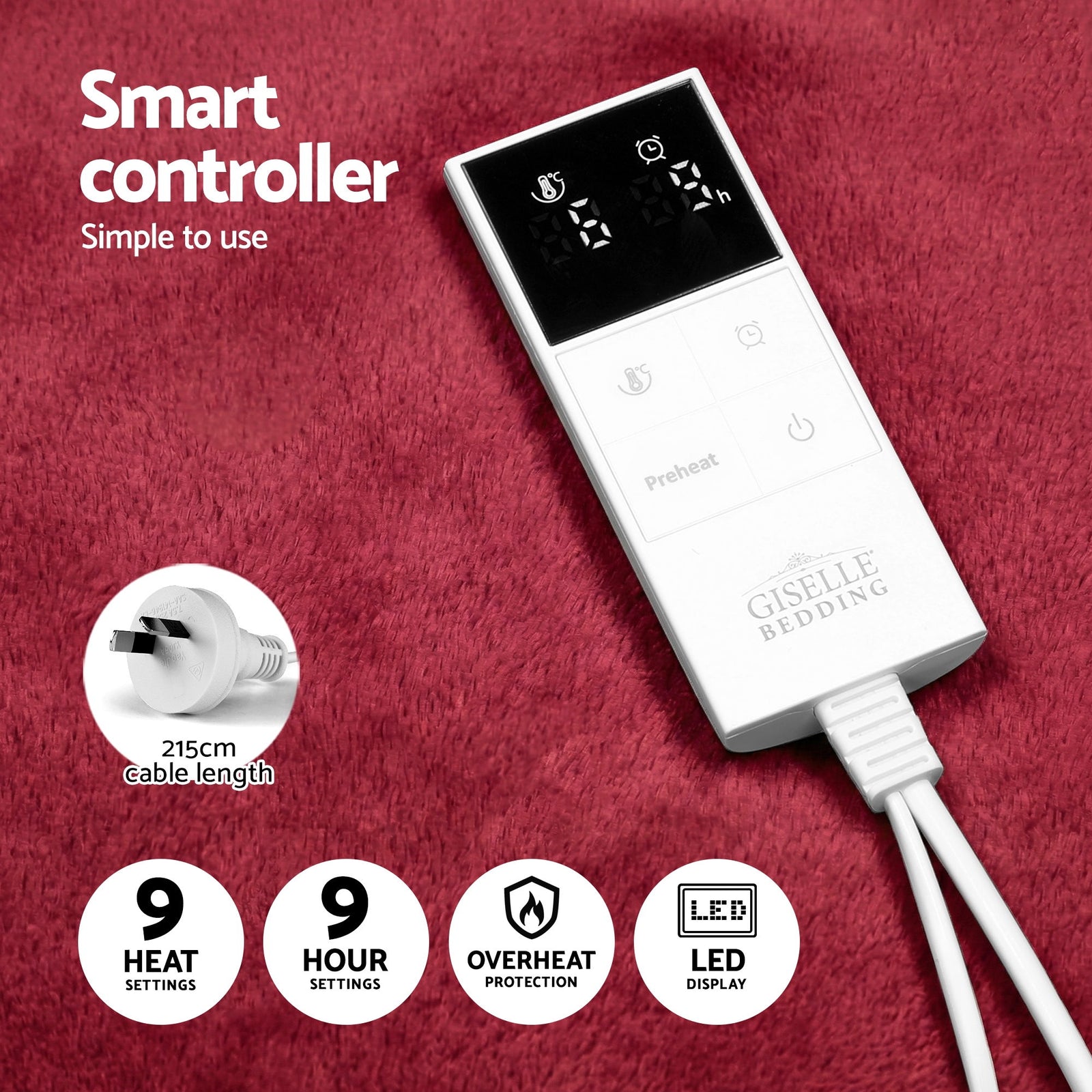 Electric Throw Rug Double Size 200x180cm Fleece Flannel Heated Blanket Burgundy