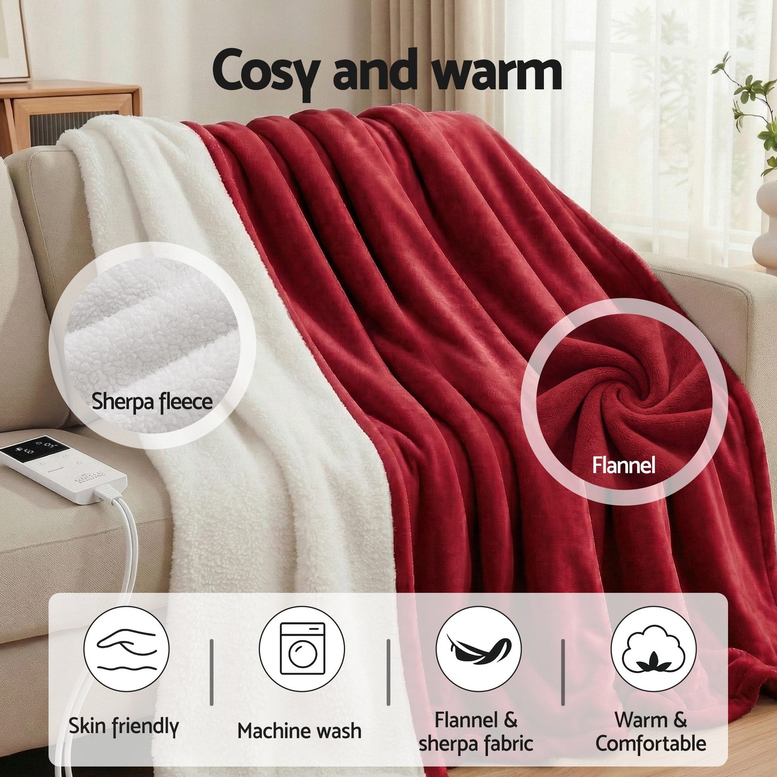 Electric Throw Rug Double Size 200x180cm Fleece Flannel Heated Blanket Burgundy