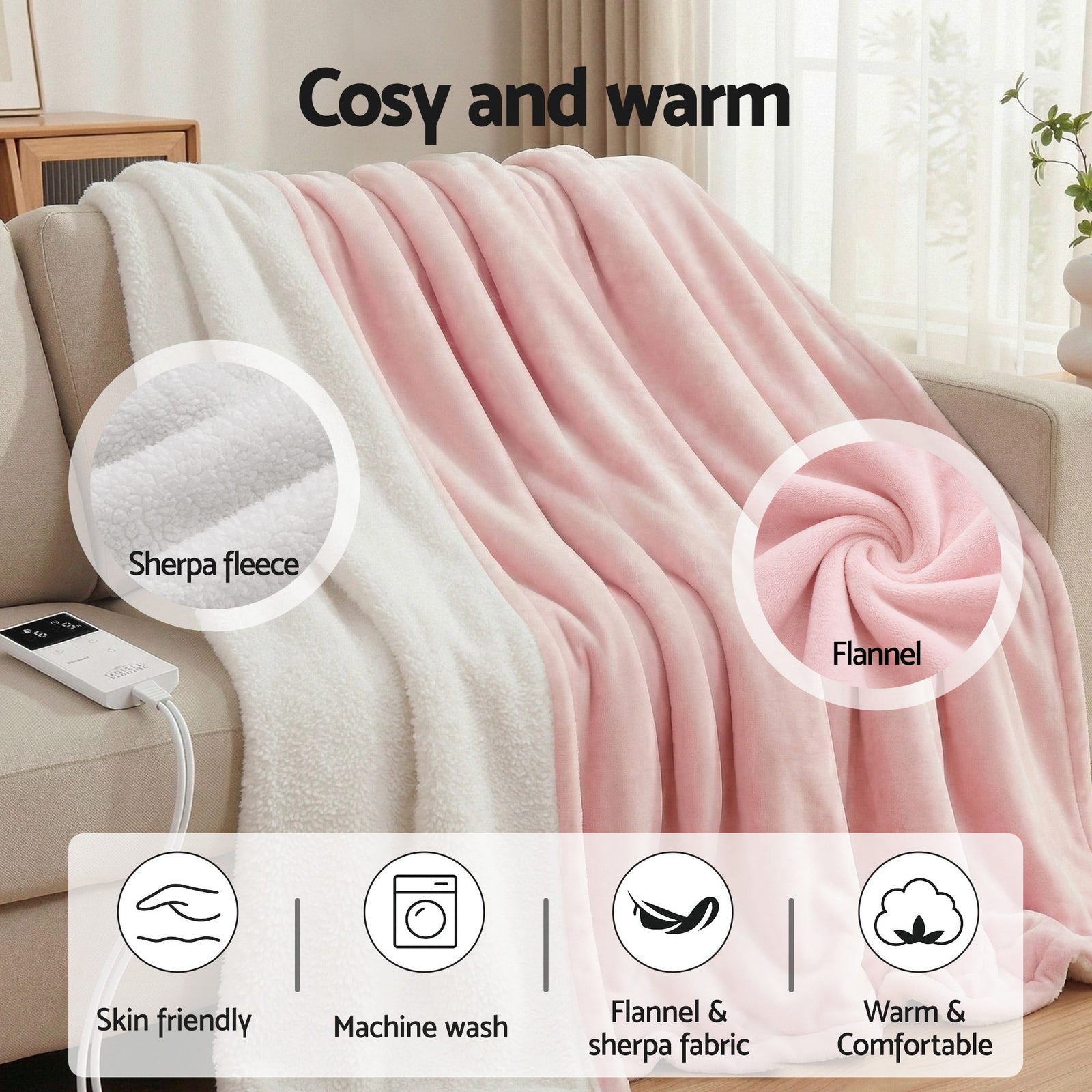 Electric Throw Rug Double Size 200x180cm Fleece Flannel Heated Blanket Pink