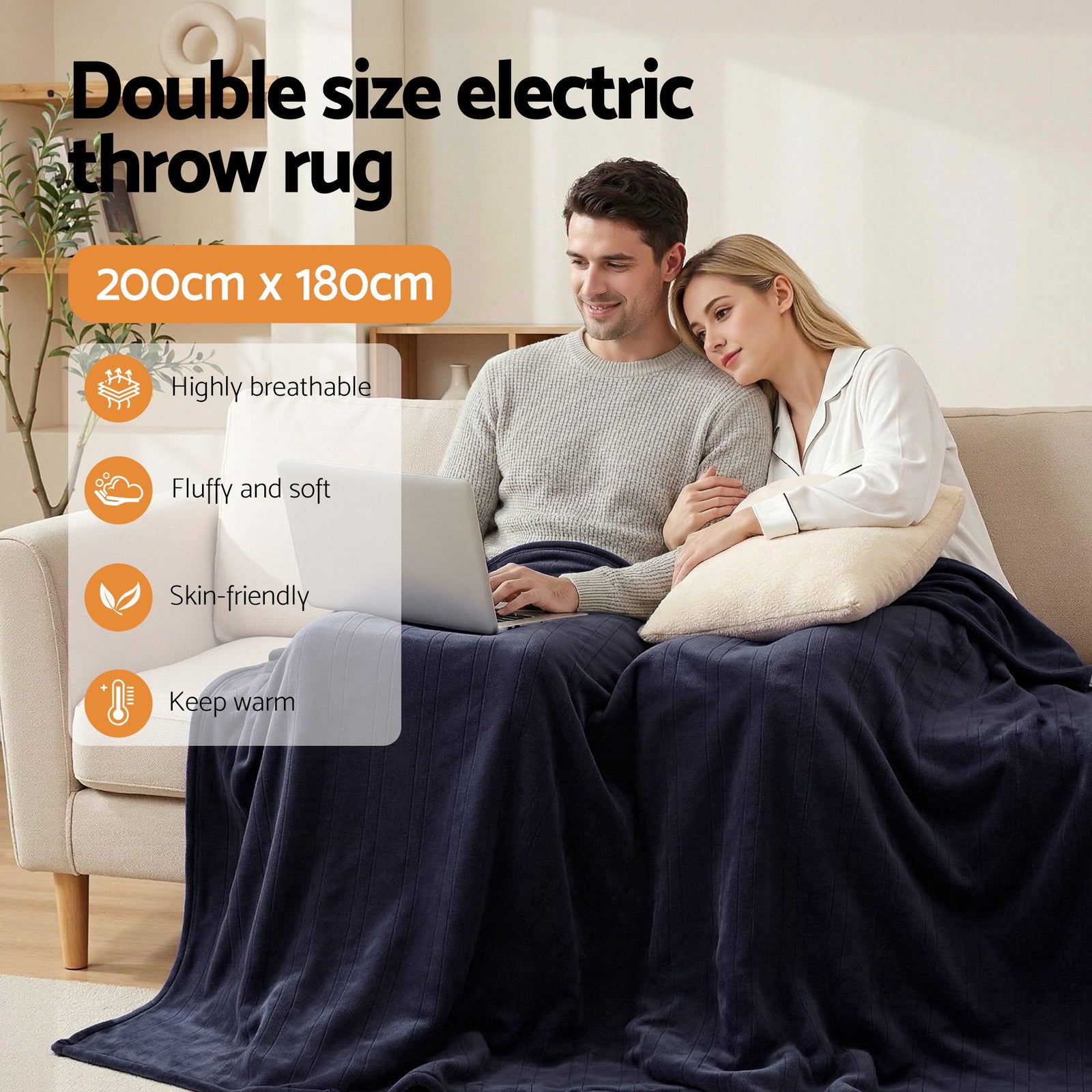 Electric Throw Rug Double Size 200x180cm Coral Fleece Heated Blanket Charcoal