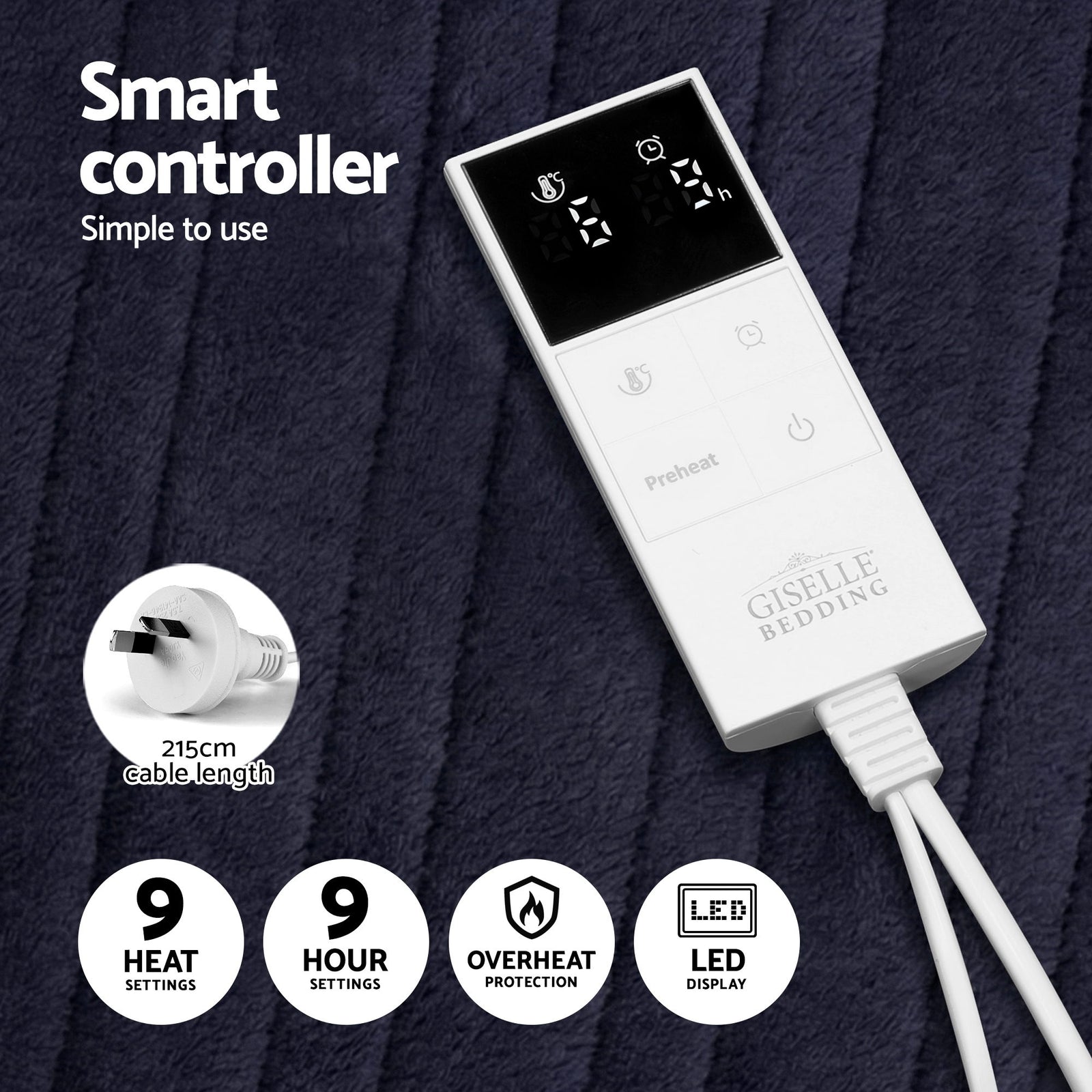 Electric Throw Rug Double Size 200x180cm Coral Fleece Heated Blanket Charcoal