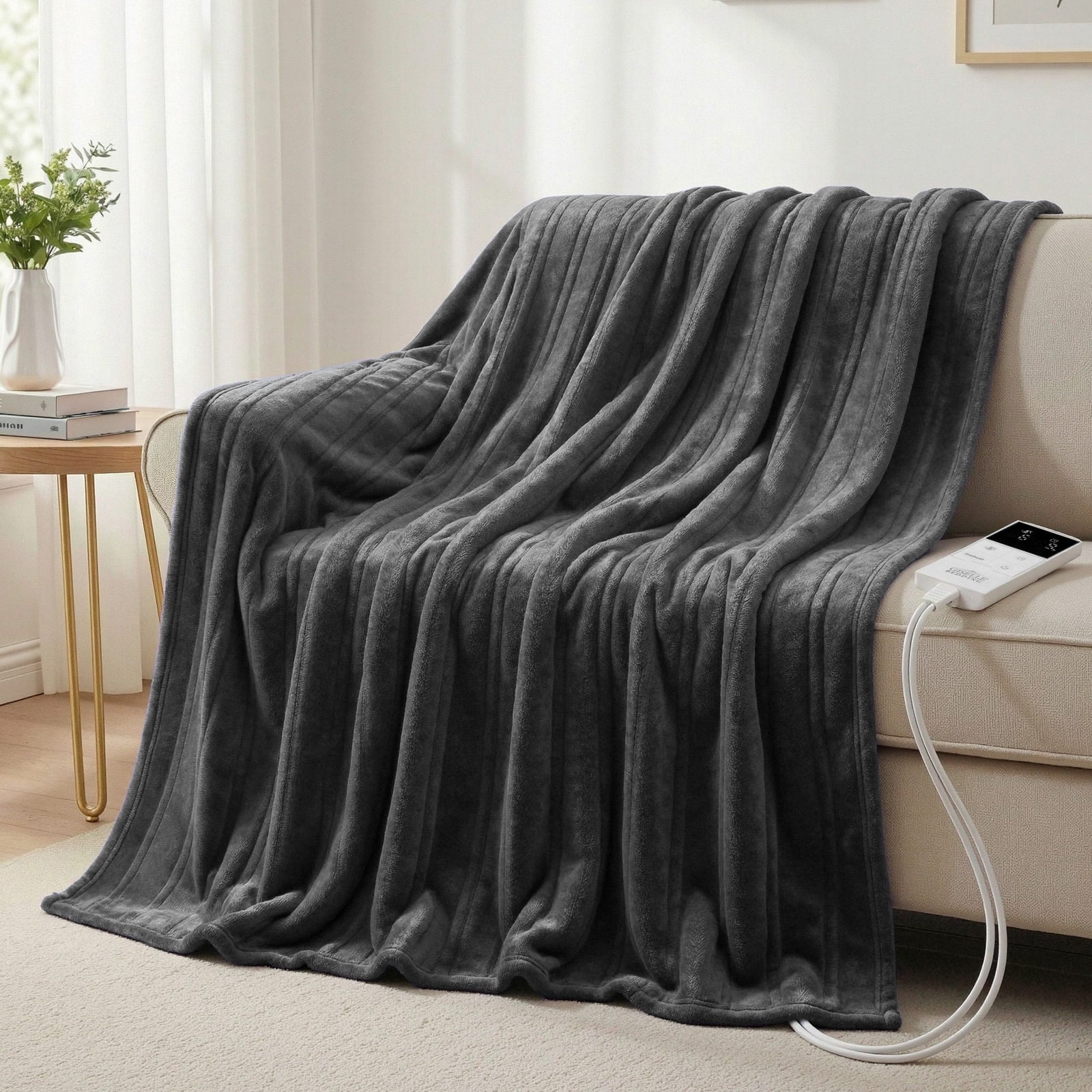 Electric Throw Rug Double Size 200x180cm Coral Fleece Heated Blanket Grey