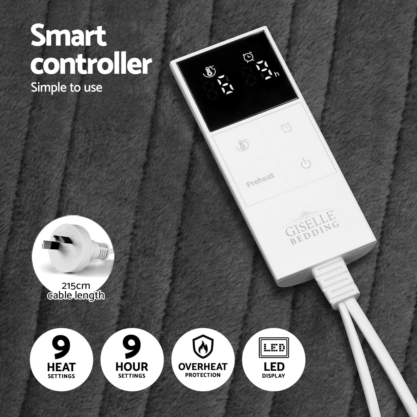 Electric Throw Rug Double Size 200x180cm Coral Fleece Heated Blanket Grey