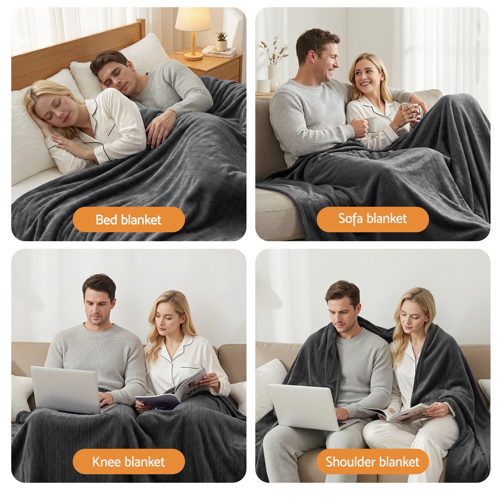 Electric Throw Rug Double Size 200x180cm Coral Fleece Heated Blanket Grey