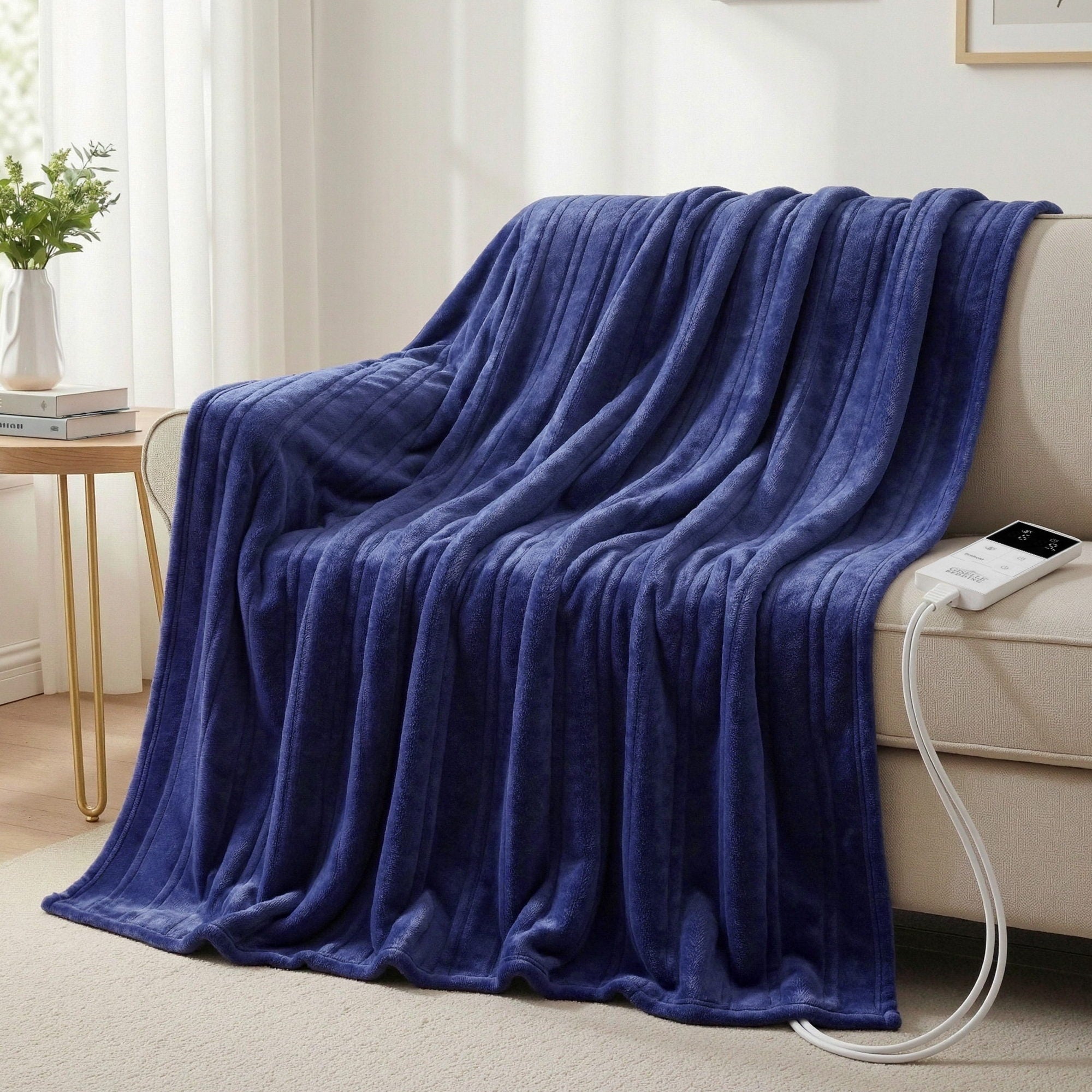 Electric Throw Rug Double Size 200x180cm Coral Fleece Heated Blanket Navy Blue