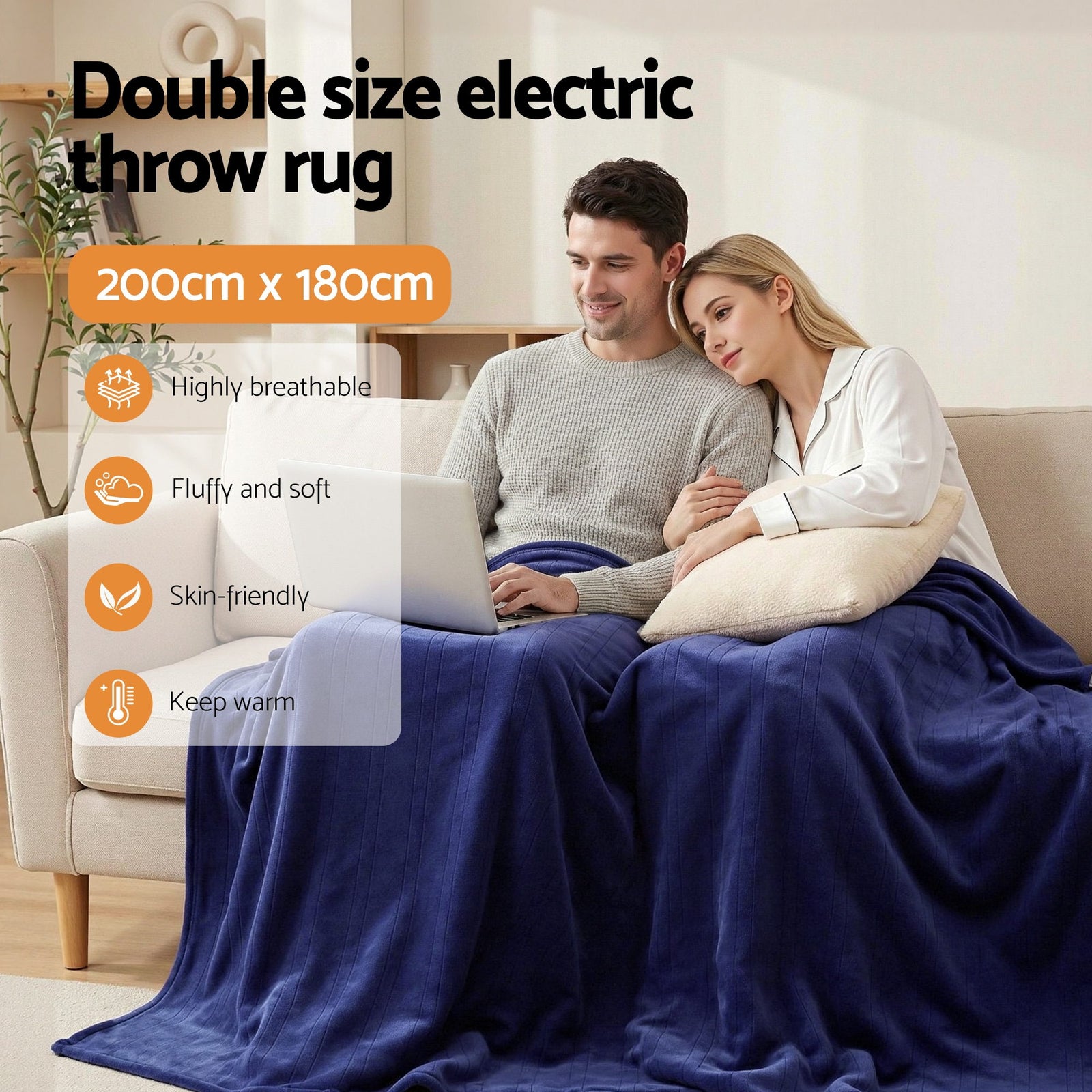 Electric Throw Rug Double Size 200x180cm Coral Fleece Heated Blanket Navy Blue