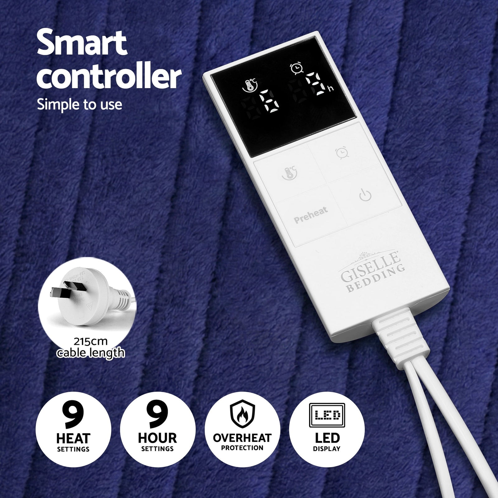 Electric Throw Rug Double Size 200x180cm Coral Fleece Heated Blanket Navy Blue