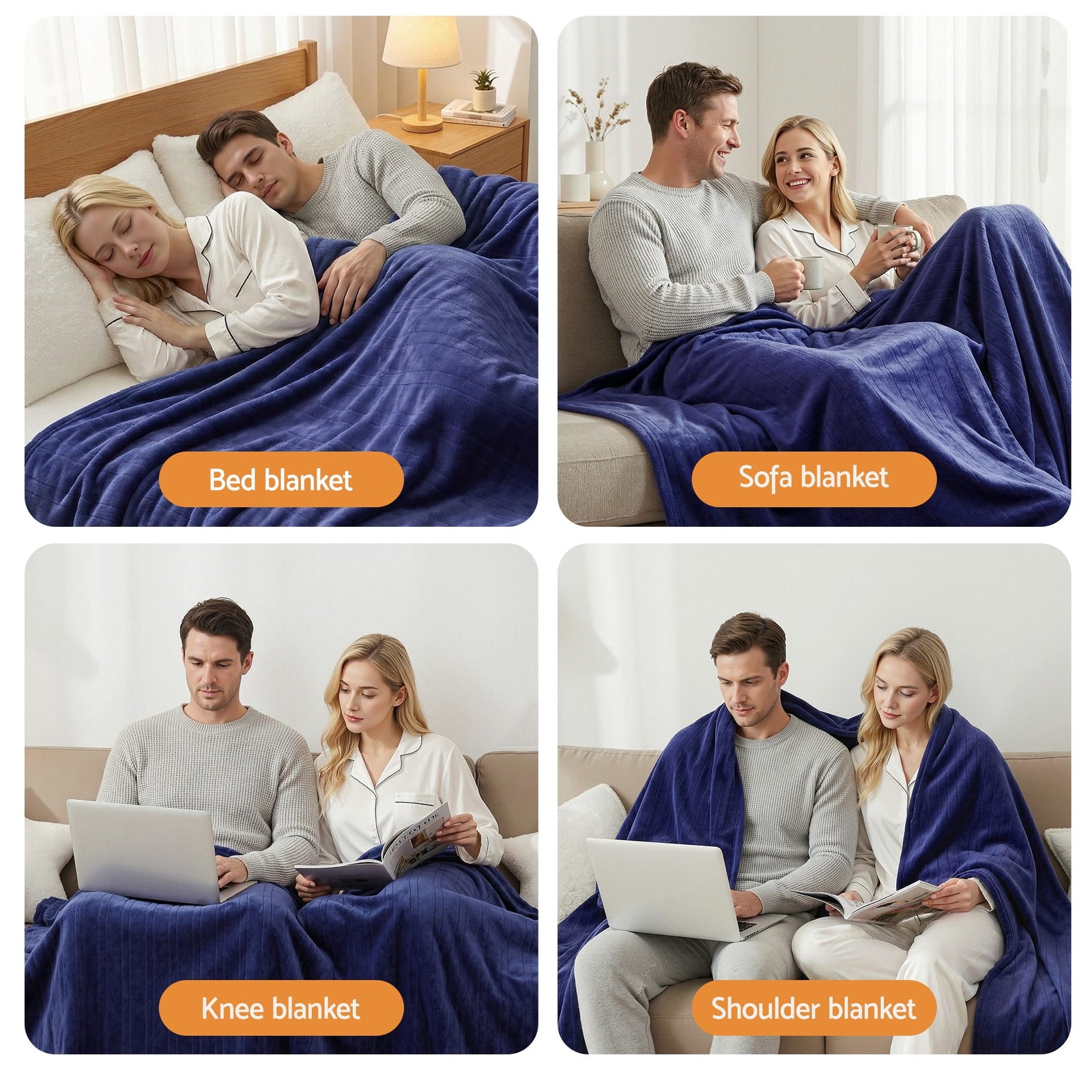 Electric Throw Rug Double Size 200x180cm Coral Fleece Heated Blanket Navy Blue