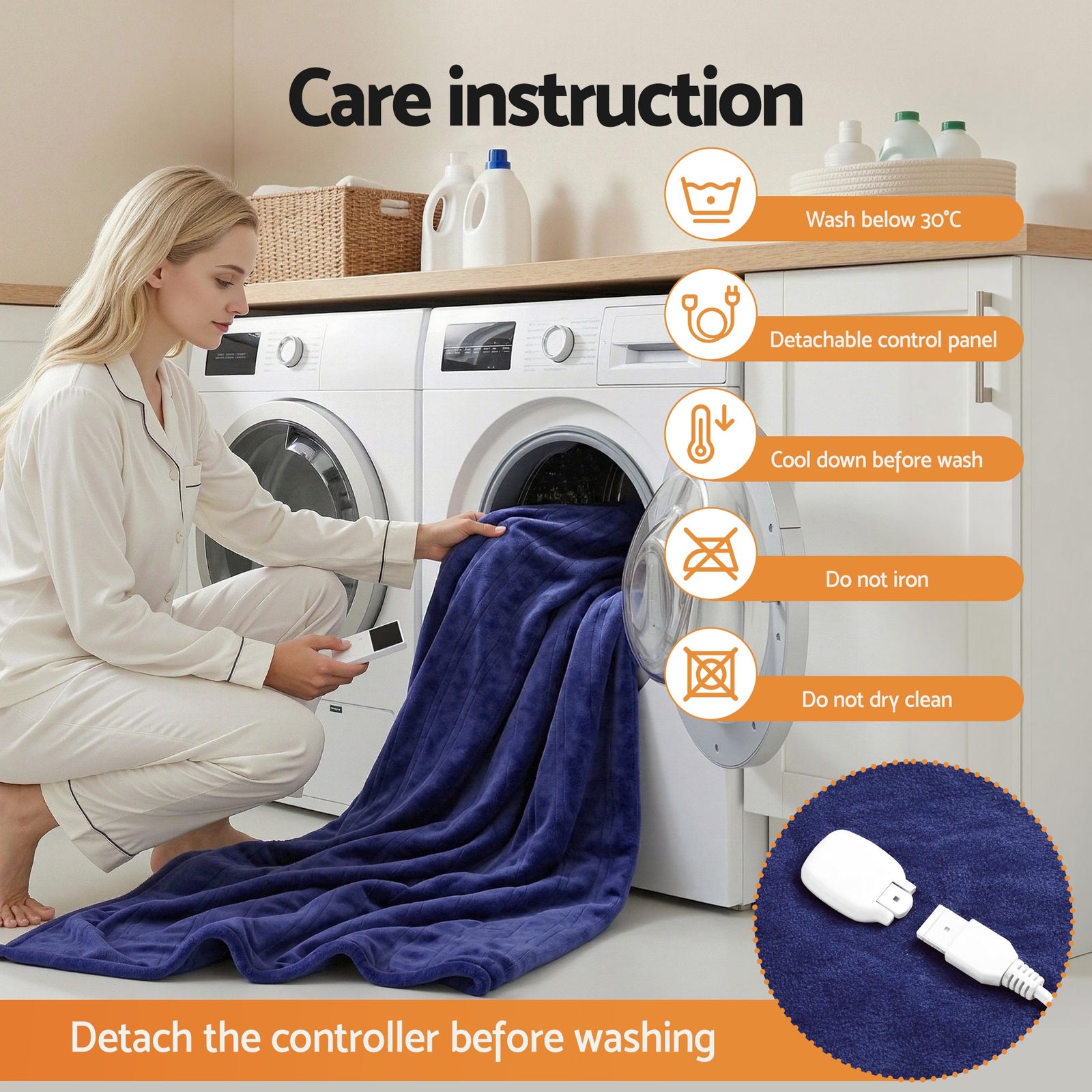 Electric Throw Rug Double Size 200x180cm Coral Fleece Heated Blanket Navy Blue