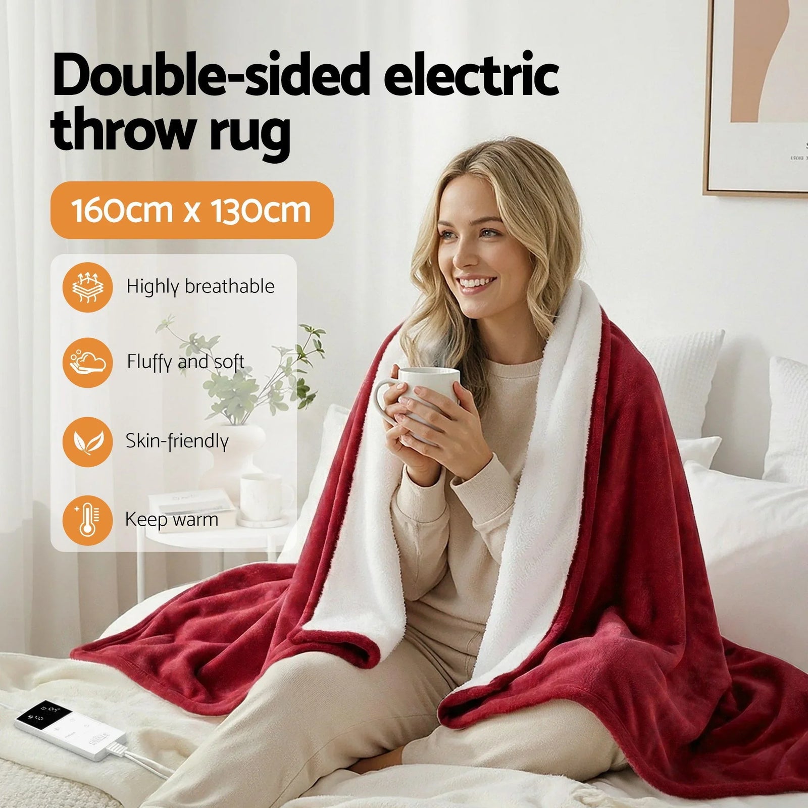 Electric Throw Rug Dual Side Fleece Flannel Heated Blanket Burgundy
