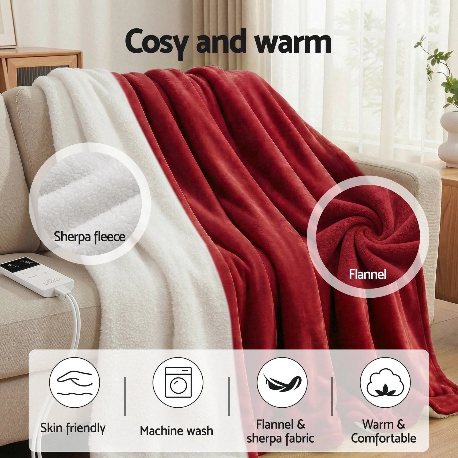 Electric Throw Rug Dual Side Fleece Flannel Heated Blanket Burgundy