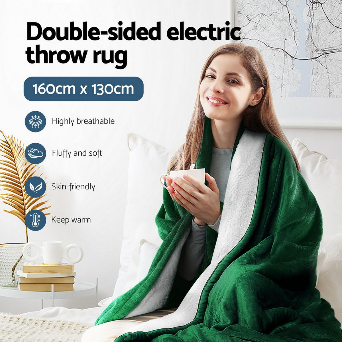 Electric Heated Throw Blanket Flannel Sherpa 160x130cm Green