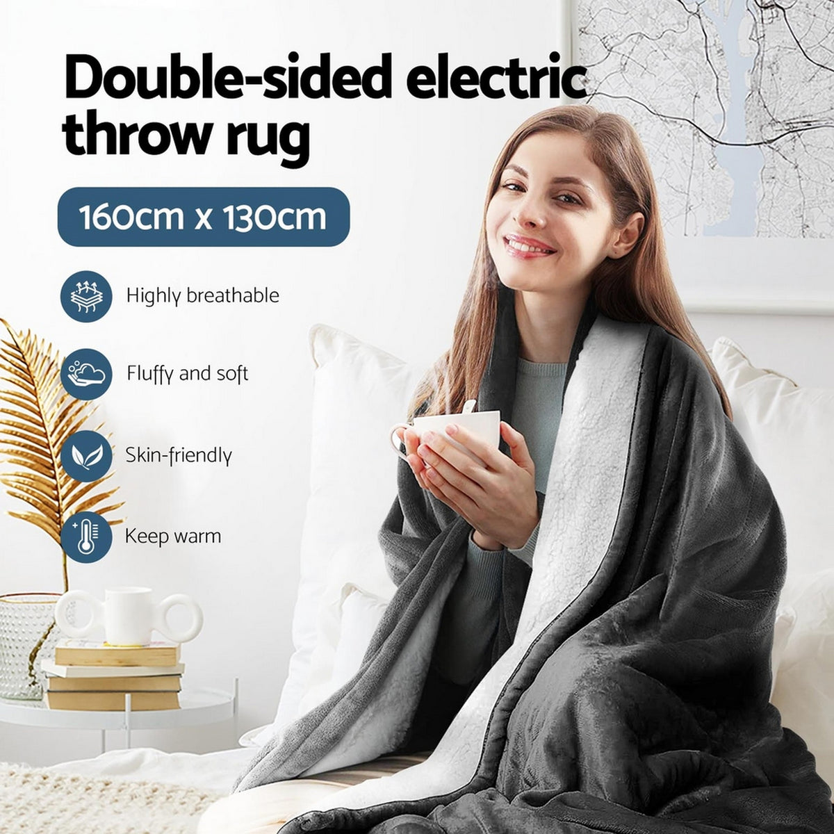 Electric Heated Throw Rug – Washable Flannel Sherpa Blanket Grey 160×130cm