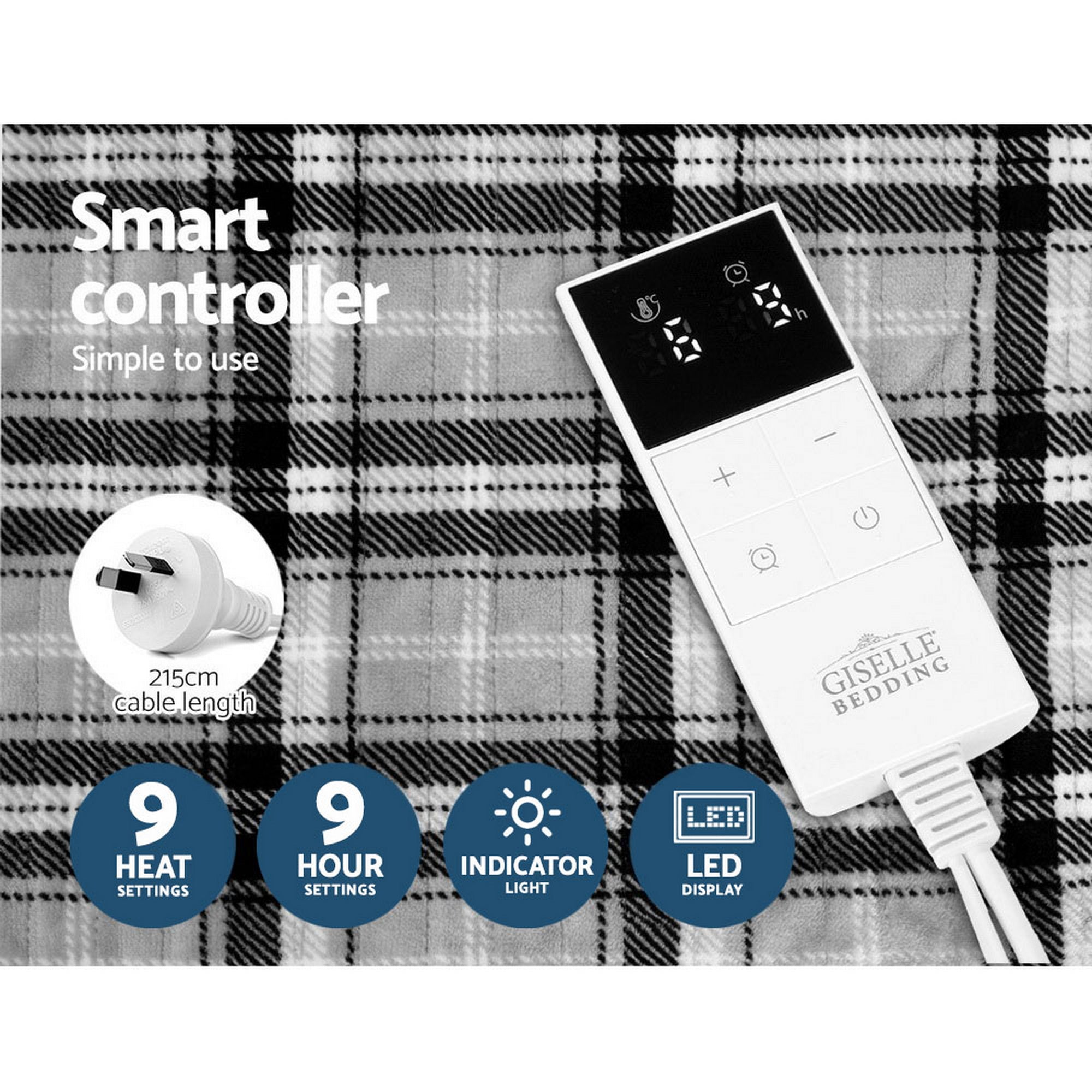 Electric Heated Throw Rug – 9 Heat Levels, 9‑Hr Timer, Flannel Fleece, Checkered