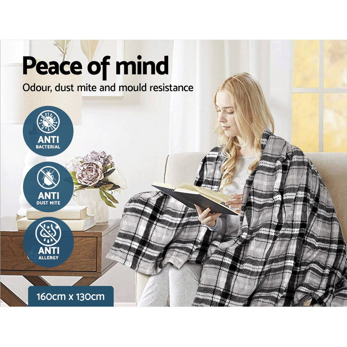 Electric Heated Throw Rug – 9 Heat Levels, 9‑Hr Timer, Flannel Fleece, Checkered
