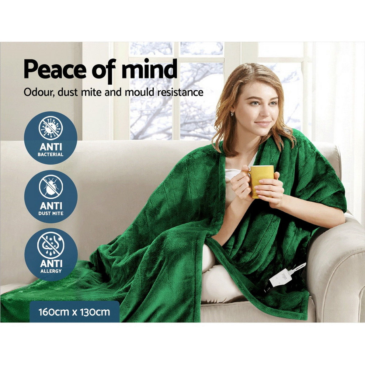 Electric Heated Throw Blanket 160x130cm Washable Flannel Rug Green