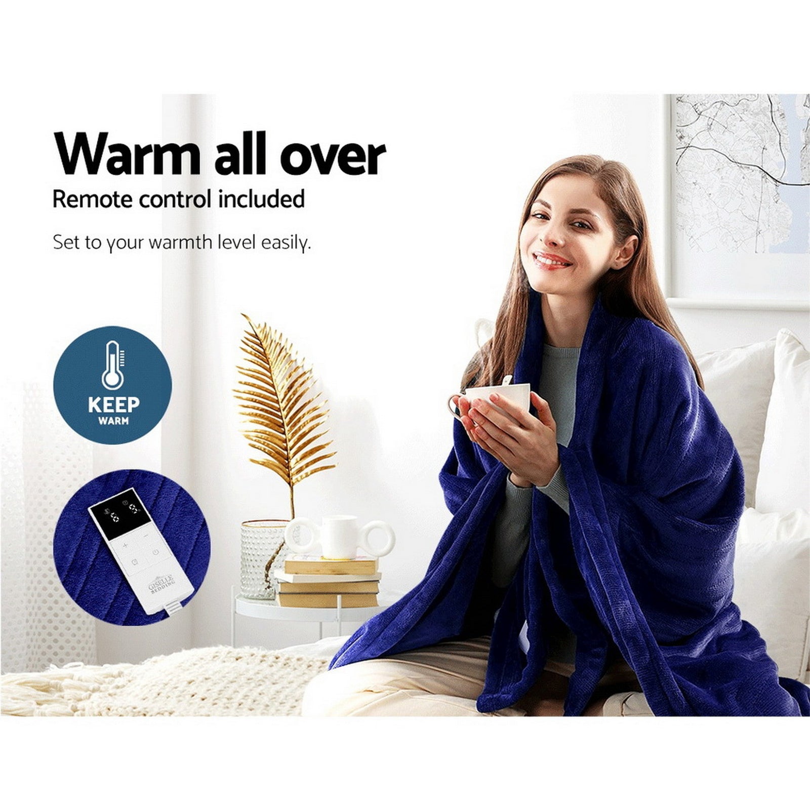 Electric Heated Throw Rug – 9 Heat Levels, 9‑Hr Timer, Coral Fleece, Navy