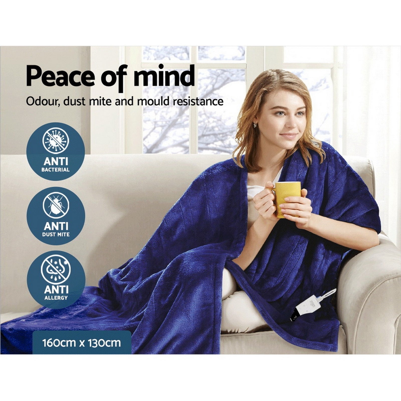 Electric Heated Throw Rug – 9 Heat Levels, 9‑Hr Timer, Coral Fleece, Navy
