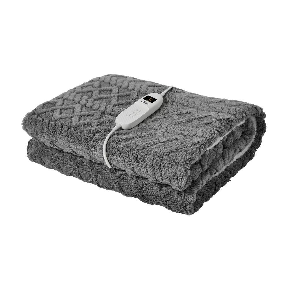 Electric Throw Heated Blanket Flannel&Sherpa Square Pattern Grey